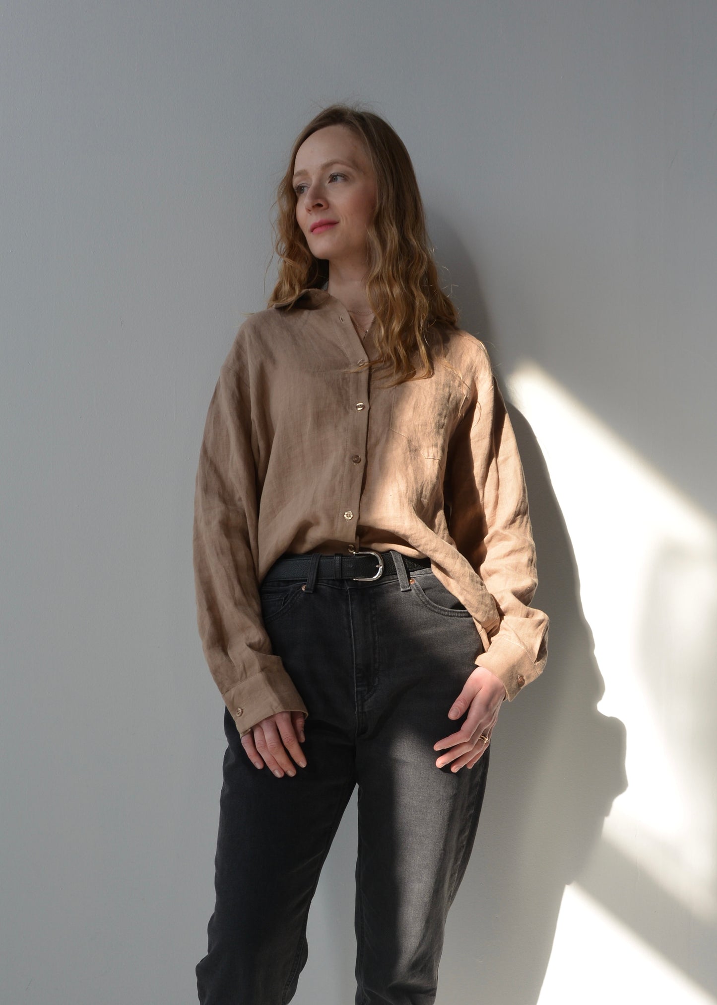 Linen Long Sleeve Shirt in Bronzed Brown color