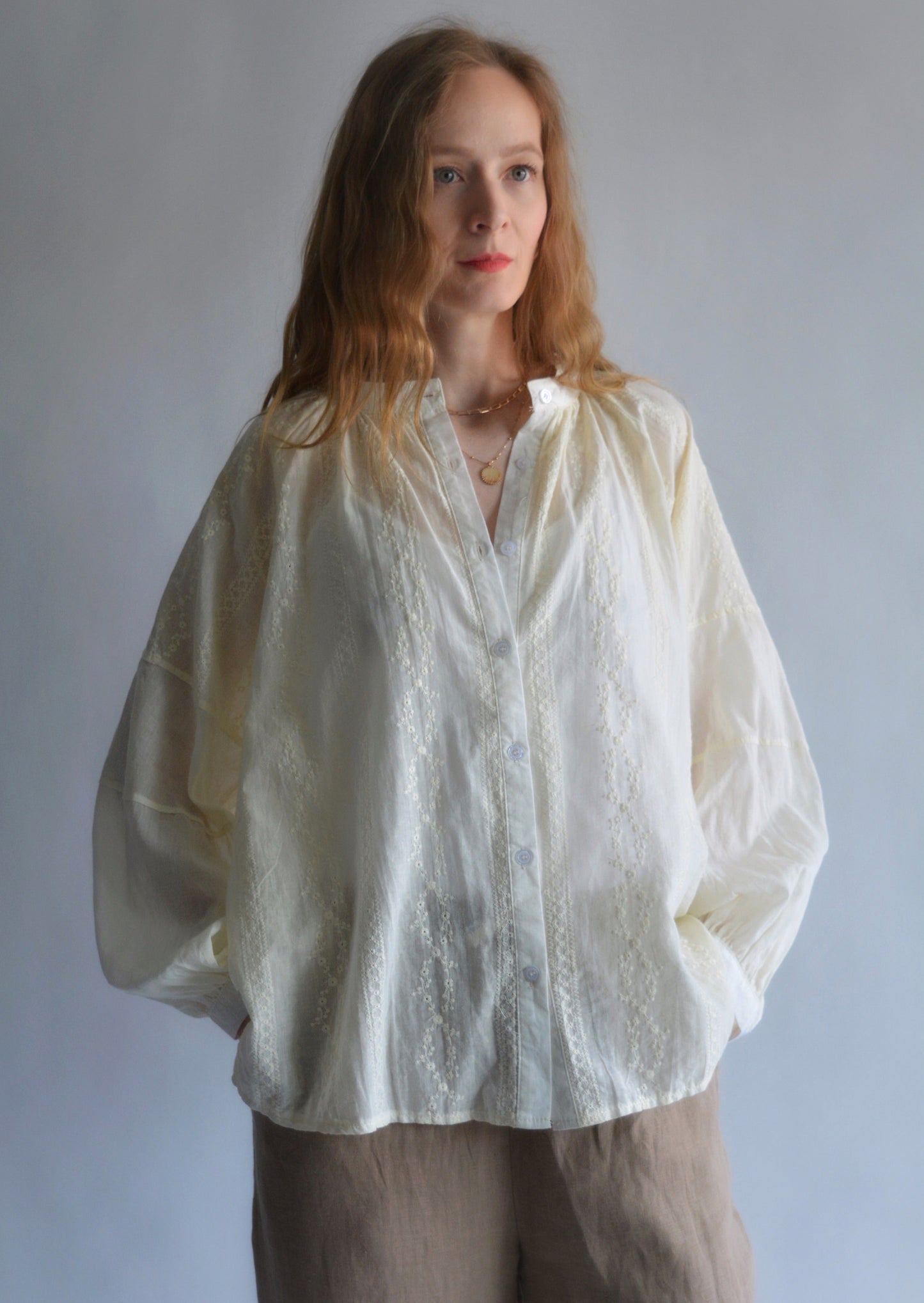 Embroidered Cotton Oversize Blouse in Ivory color