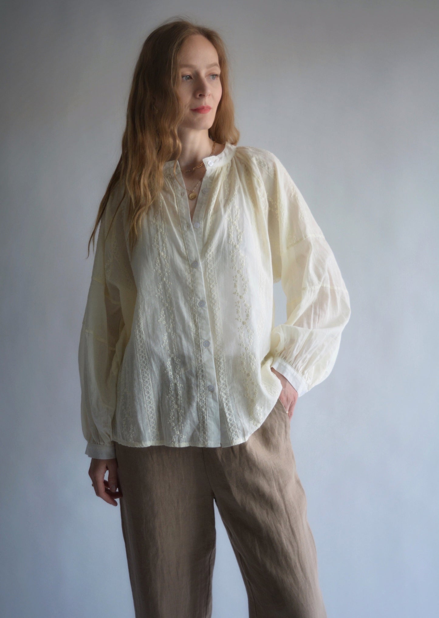 Embroidered Cotton Oversize Blouse in Ivory color