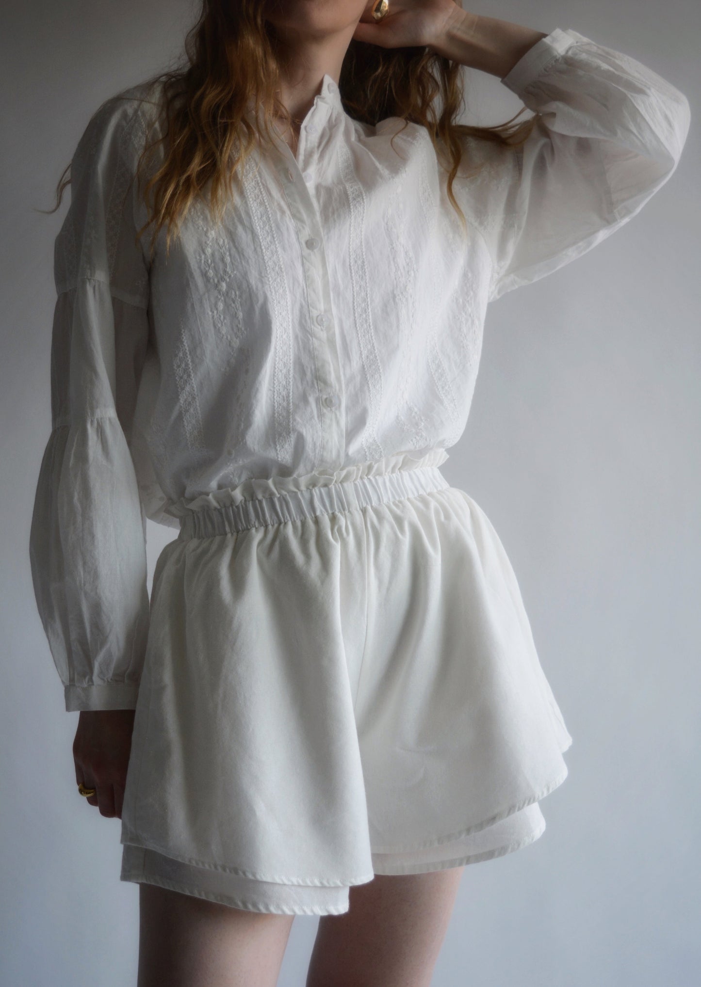 Embroidered Cotton Oversize Blouse in Pearl (White) color