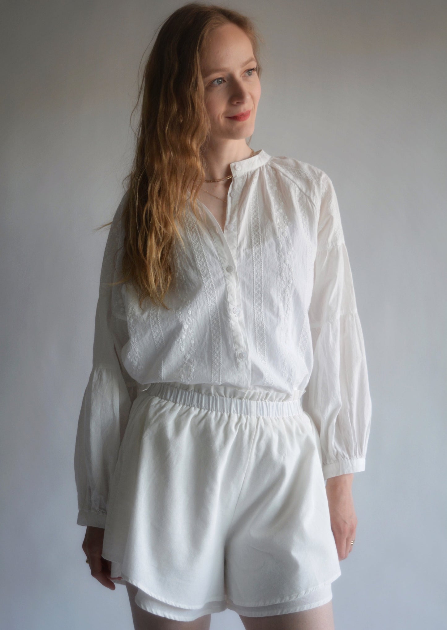 Embroidered Cotton Oversize Blouse in Pearl (White) color