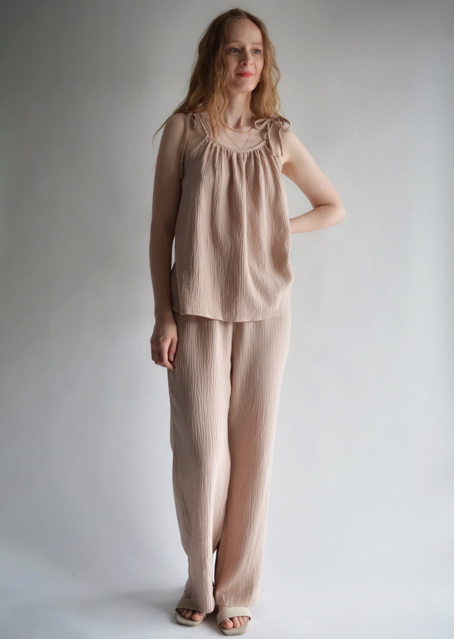Muslin Two-Piece Set: Cotton Tank and Pants in Sandy Beige color