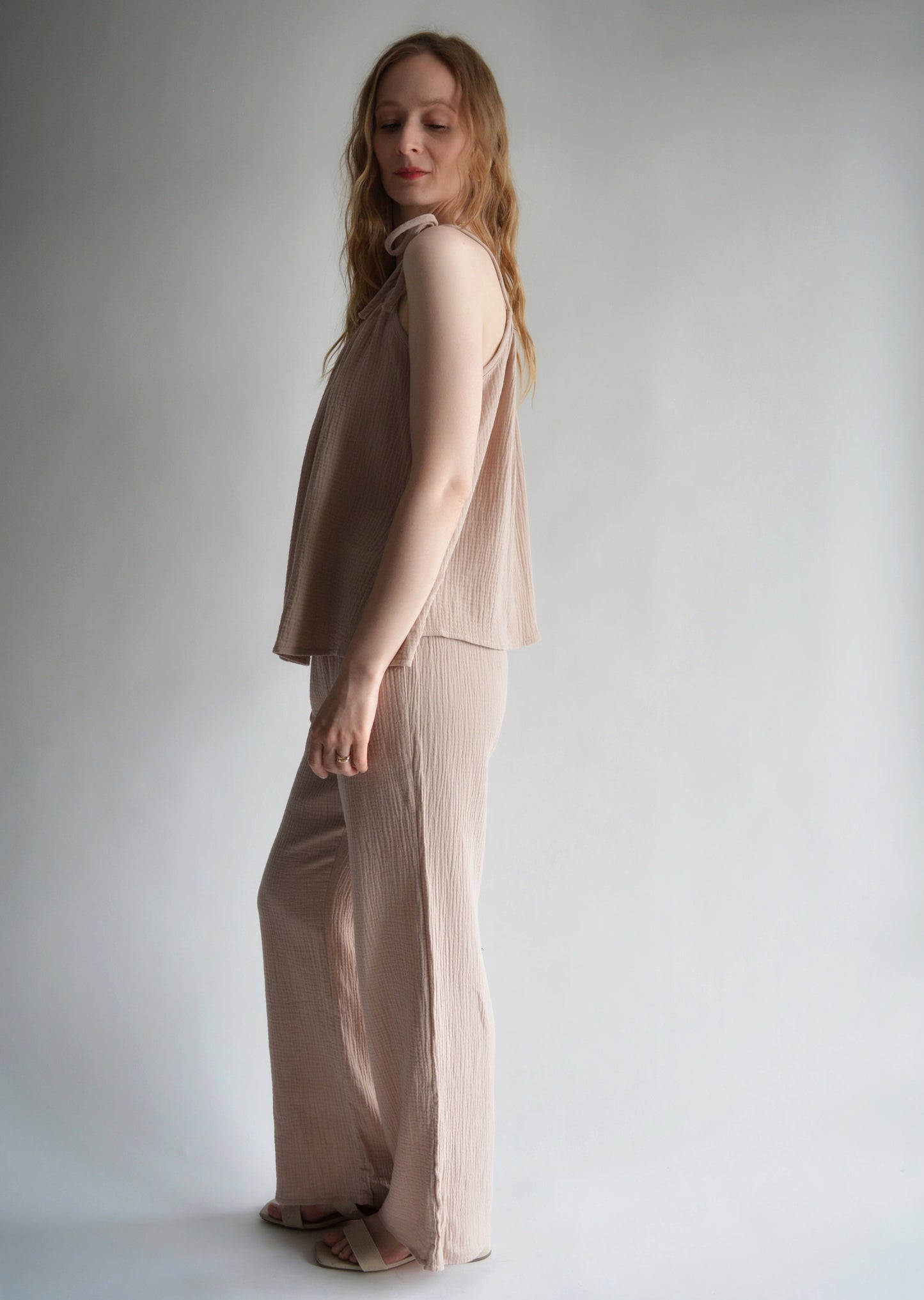 Muslin Two-Piece Set: Cotton Tank and Pants in Sandy Beige color