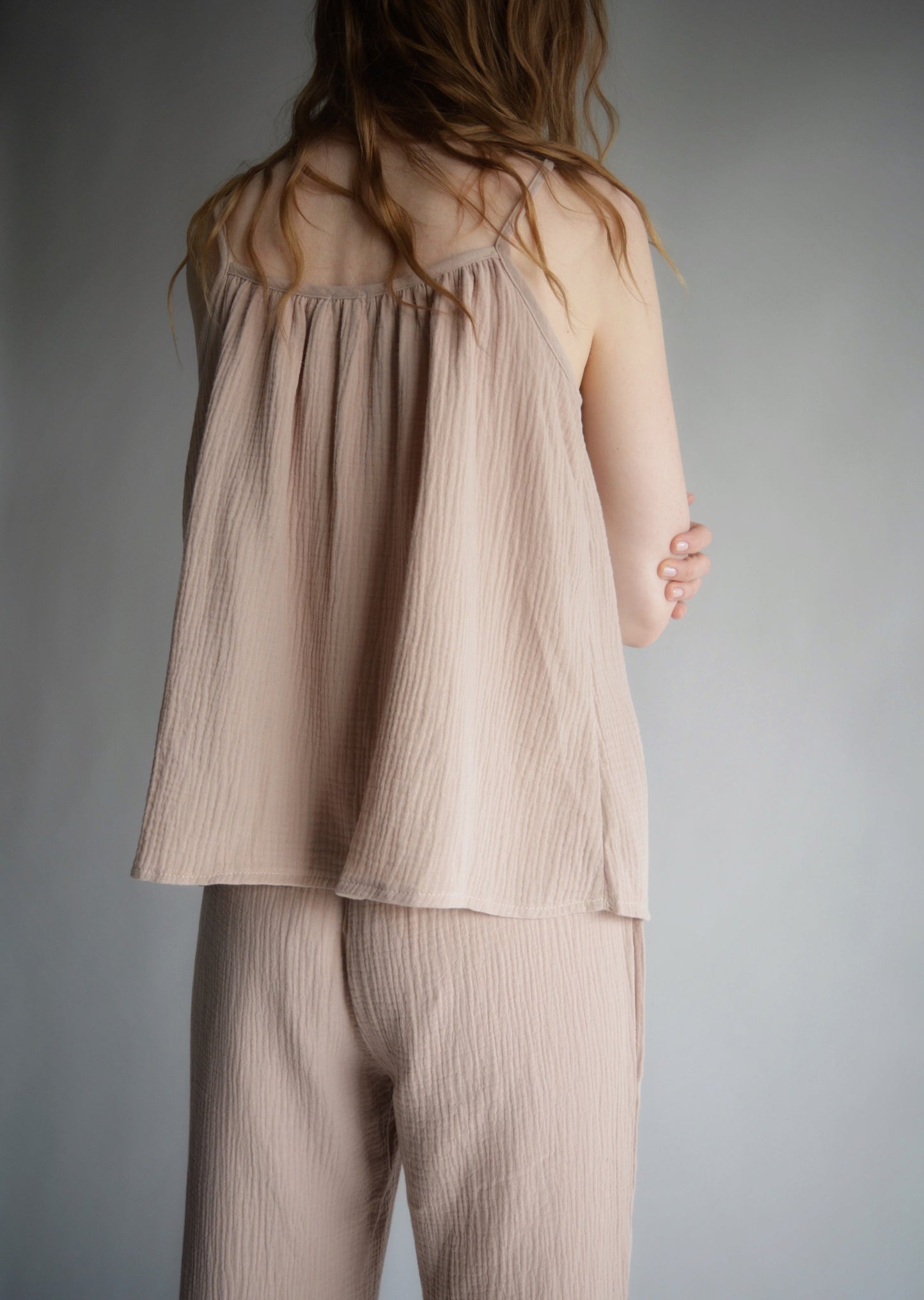 Muslin Two-Piece Set: Cotton Tank and Pants in Sandy Beige color