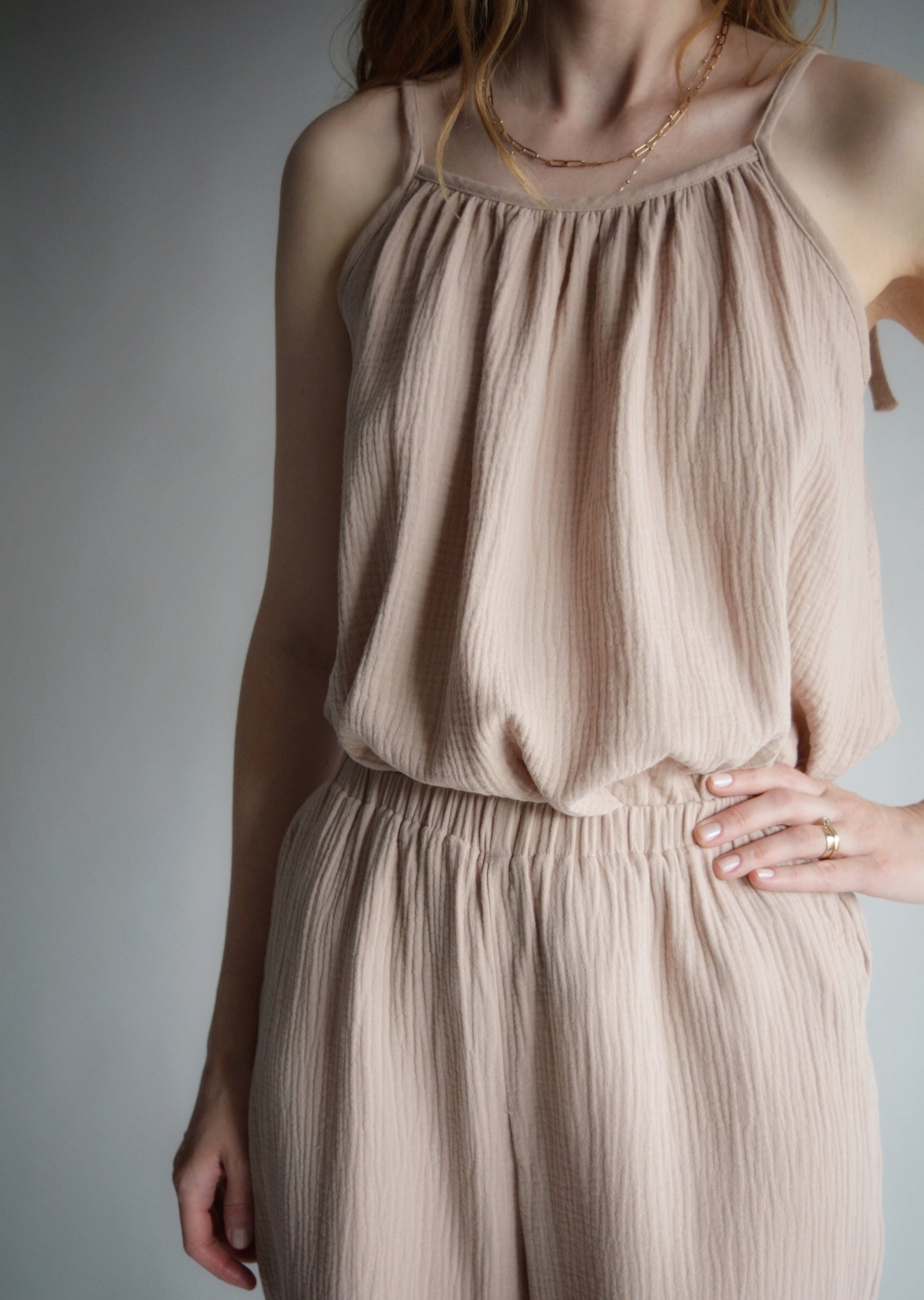 Muslin Two-Piece Set: Cotton Tank and Pants in Sandy Beige color