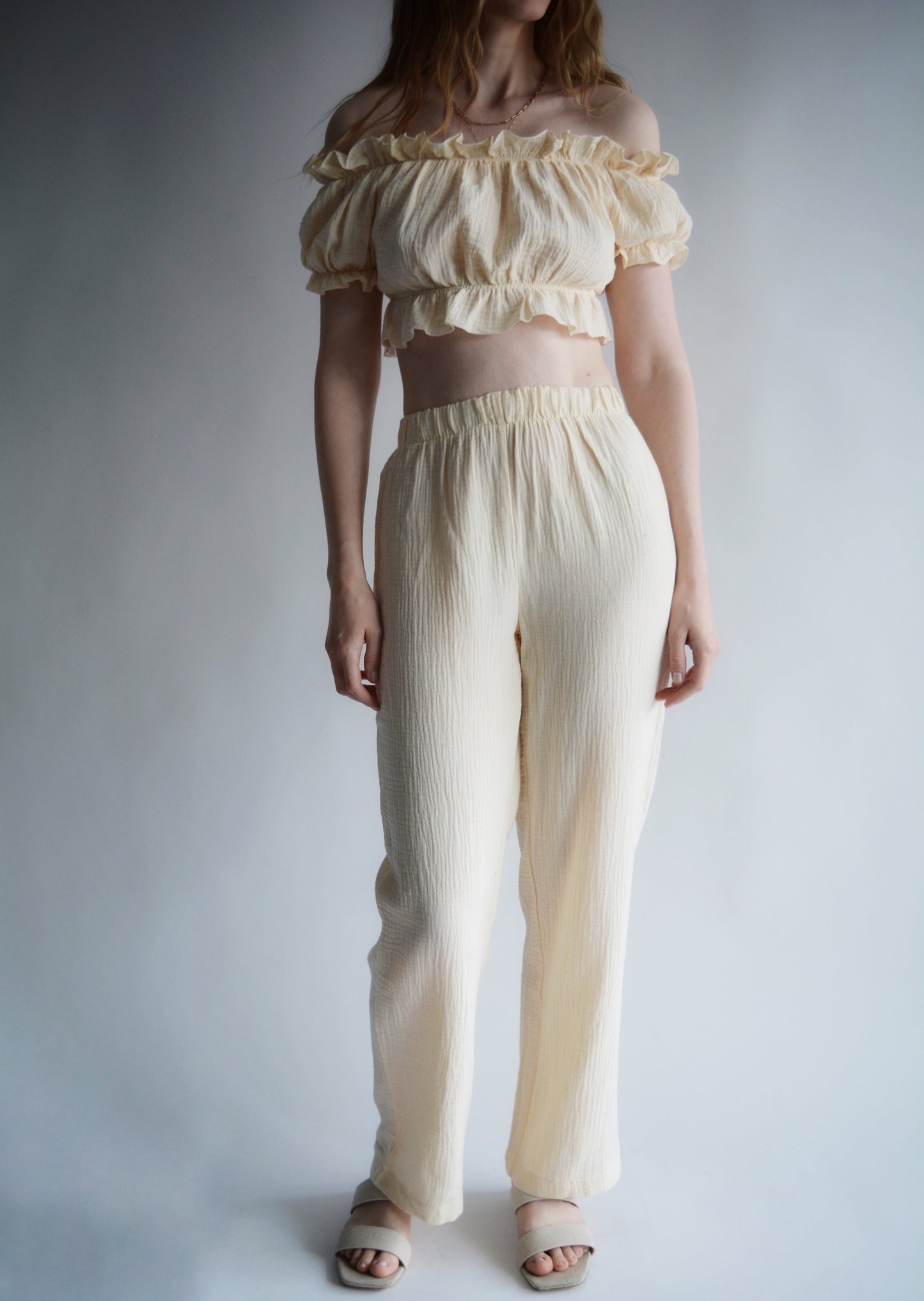 Cotton Muslin Two-Piece Set: Crop Top and Pants in Ivory