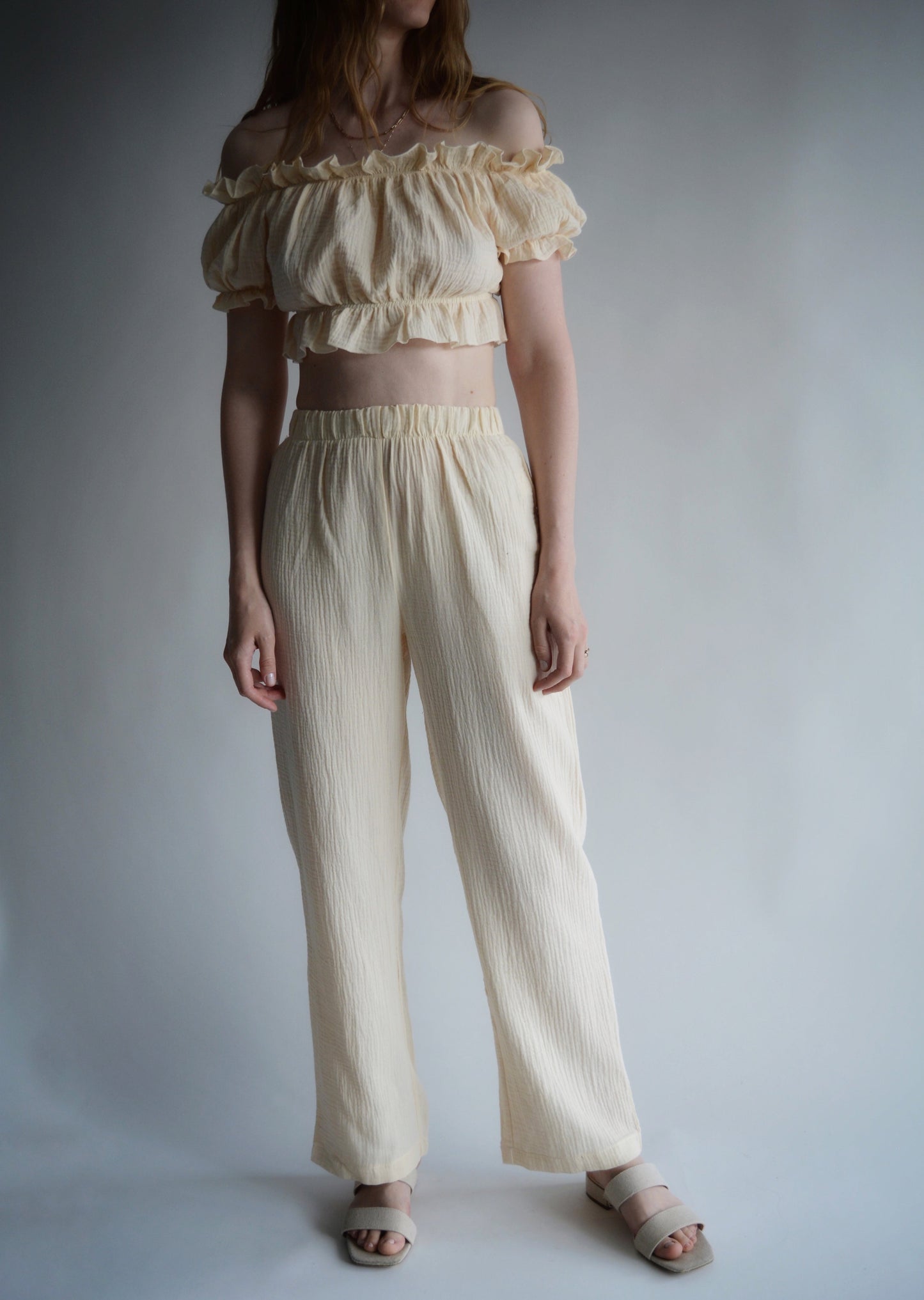 Cotton Muslin Two-Piece Set: Crop Top and Pants in Ivory