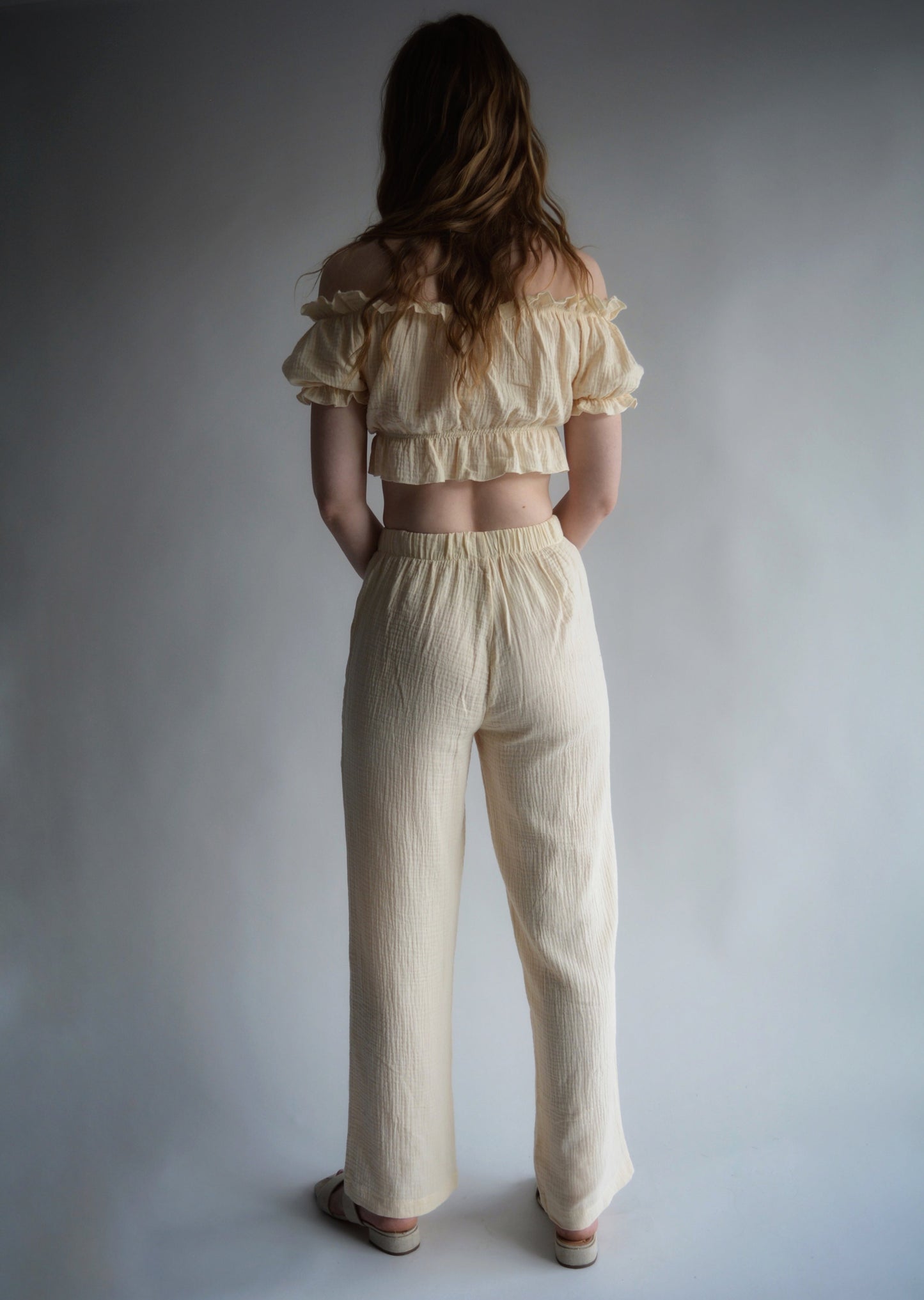 Cotton Muslin Two-Piece Set: Crop Top and Pants in Ivory
