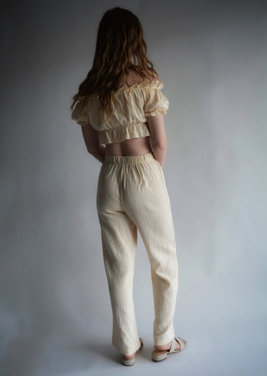 Cotton Muslin Two-Piece Set: Crop Top and Pants in Ivory