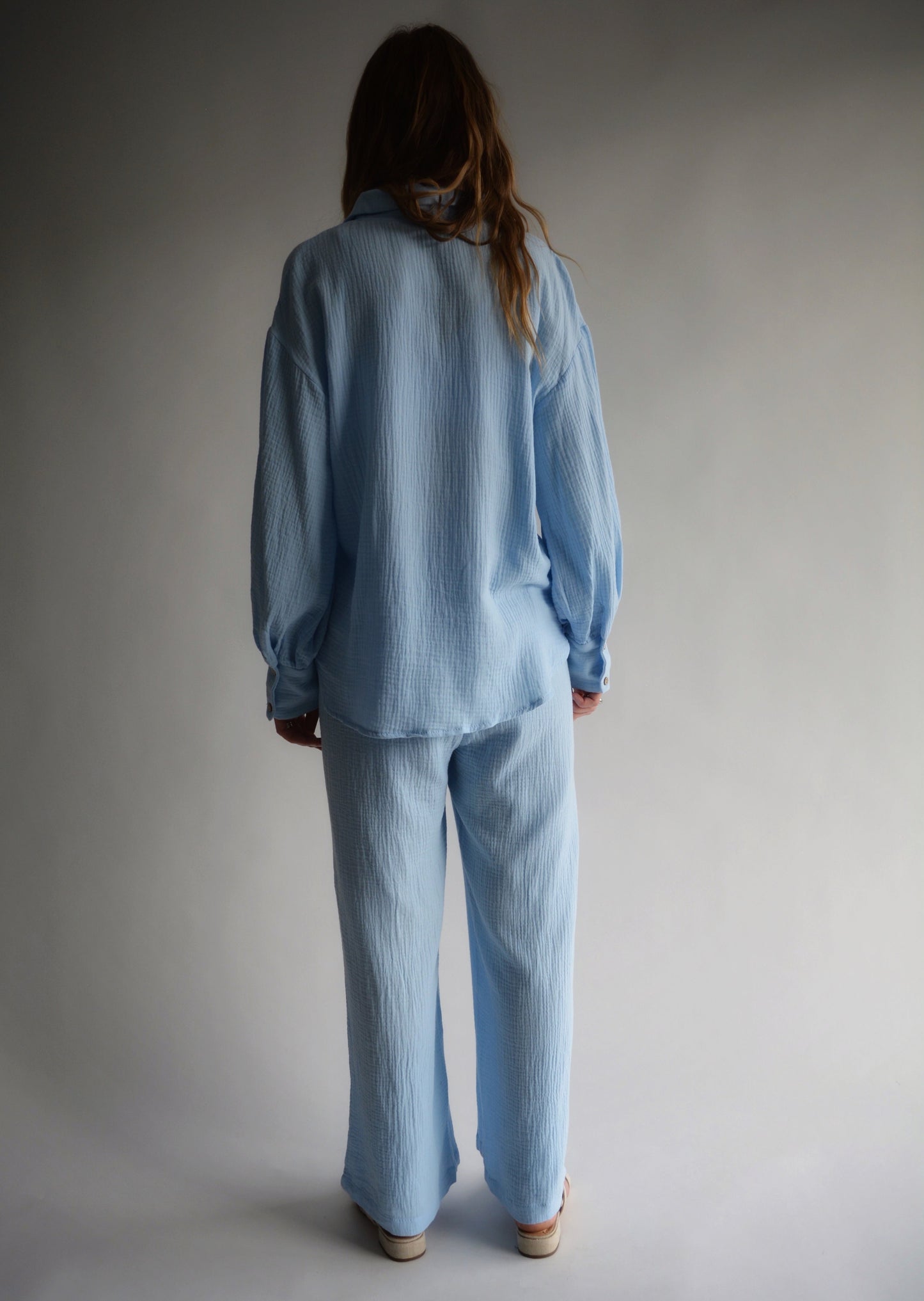 Cotton Muslin Two-Piece Set: Top and Pants in Light Blue