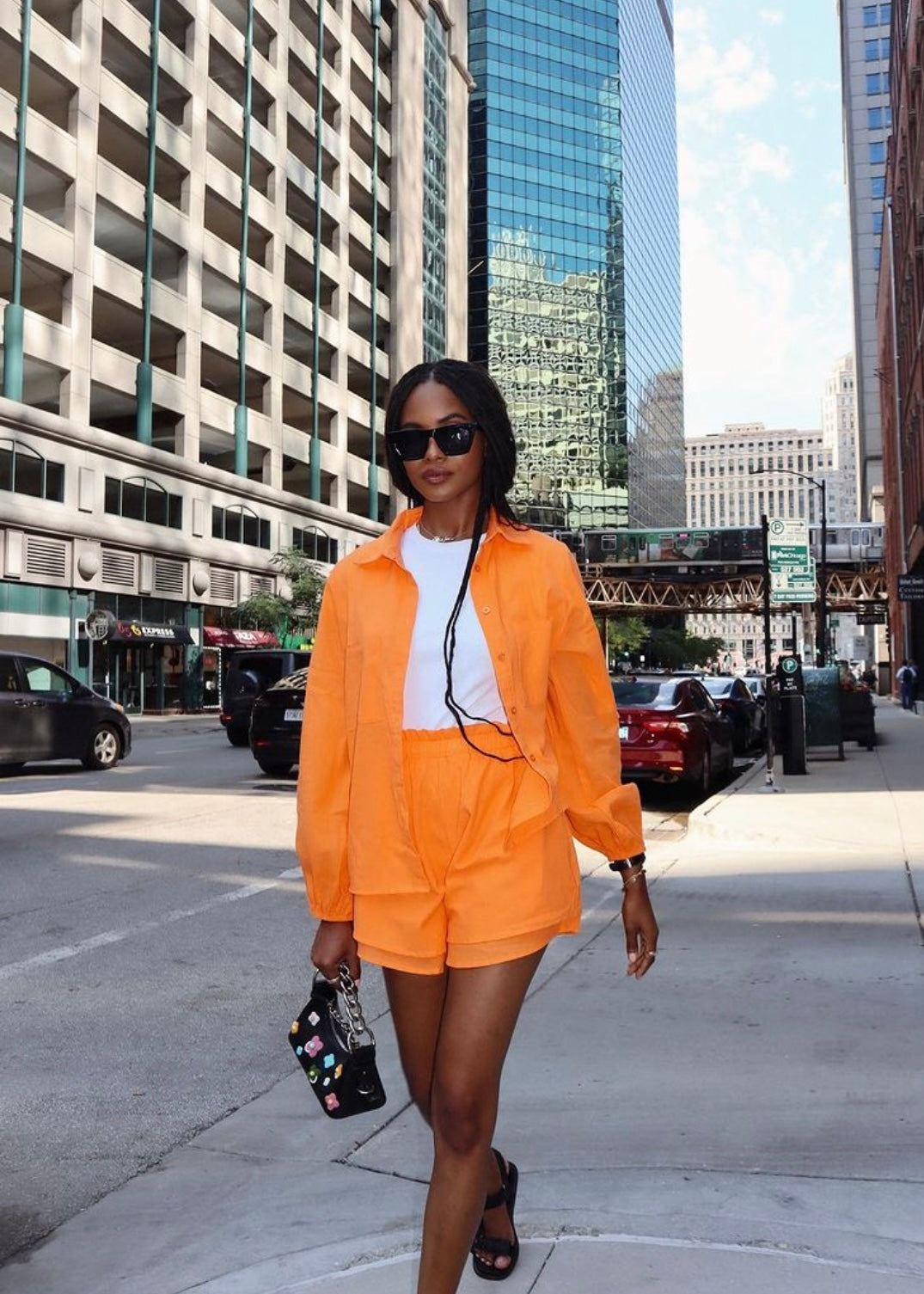 Two Piece Set - Cotton Blouse and Shorts in Tangerine color