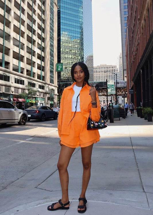 Two Piece Set - Cotton Blouse and Shorts in Tangerine color