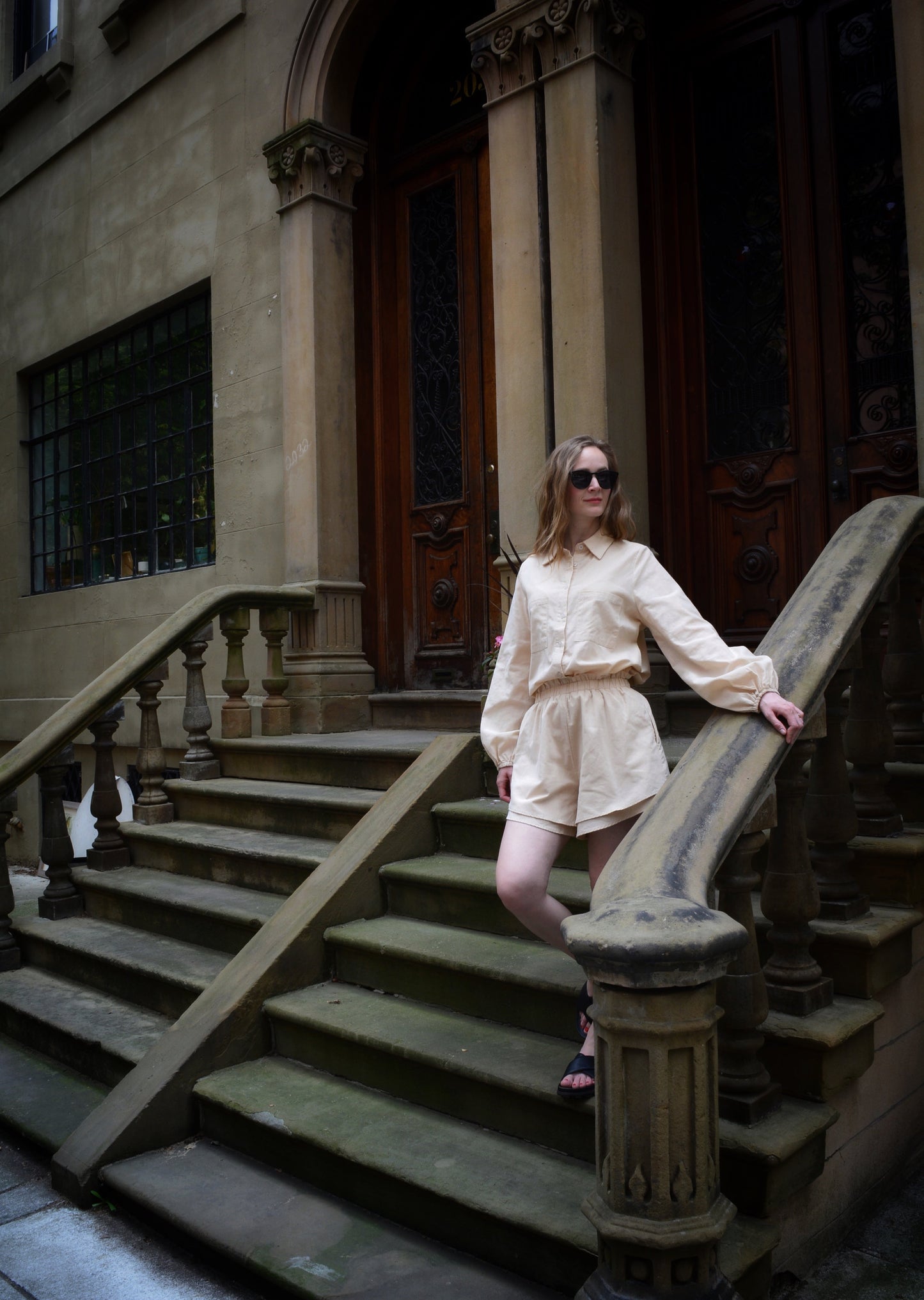 Two Piece Set - Cotton Blouse and Shorts in Beige color