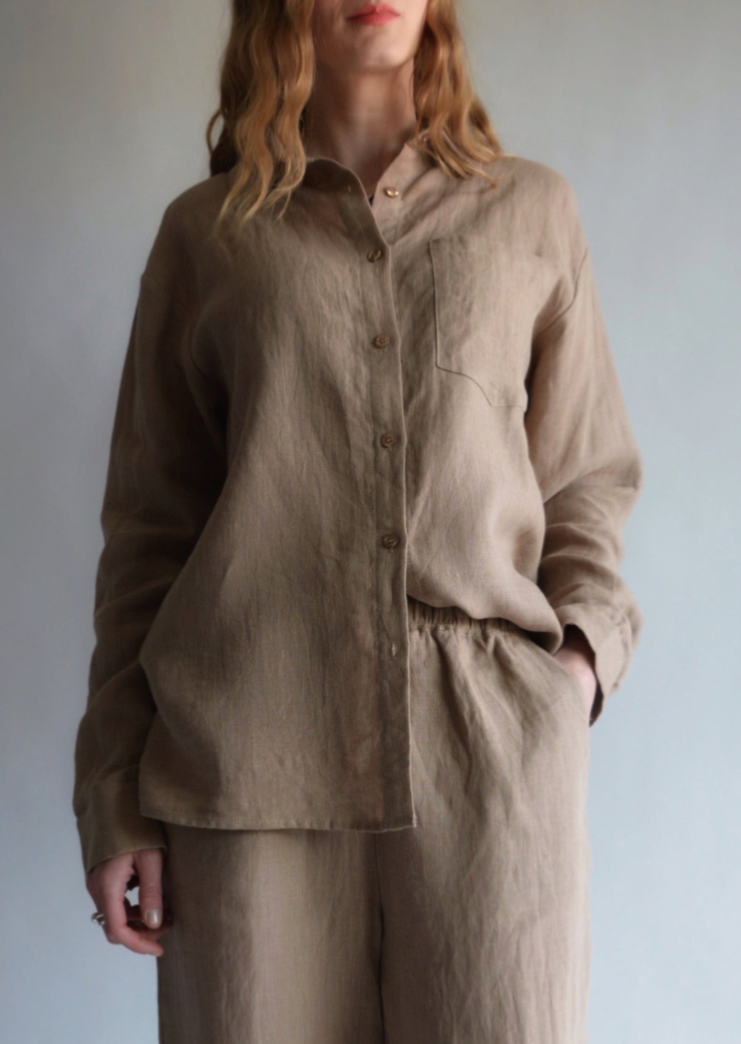 Linen Long Sleeve Shirt in Bronzed Brown color