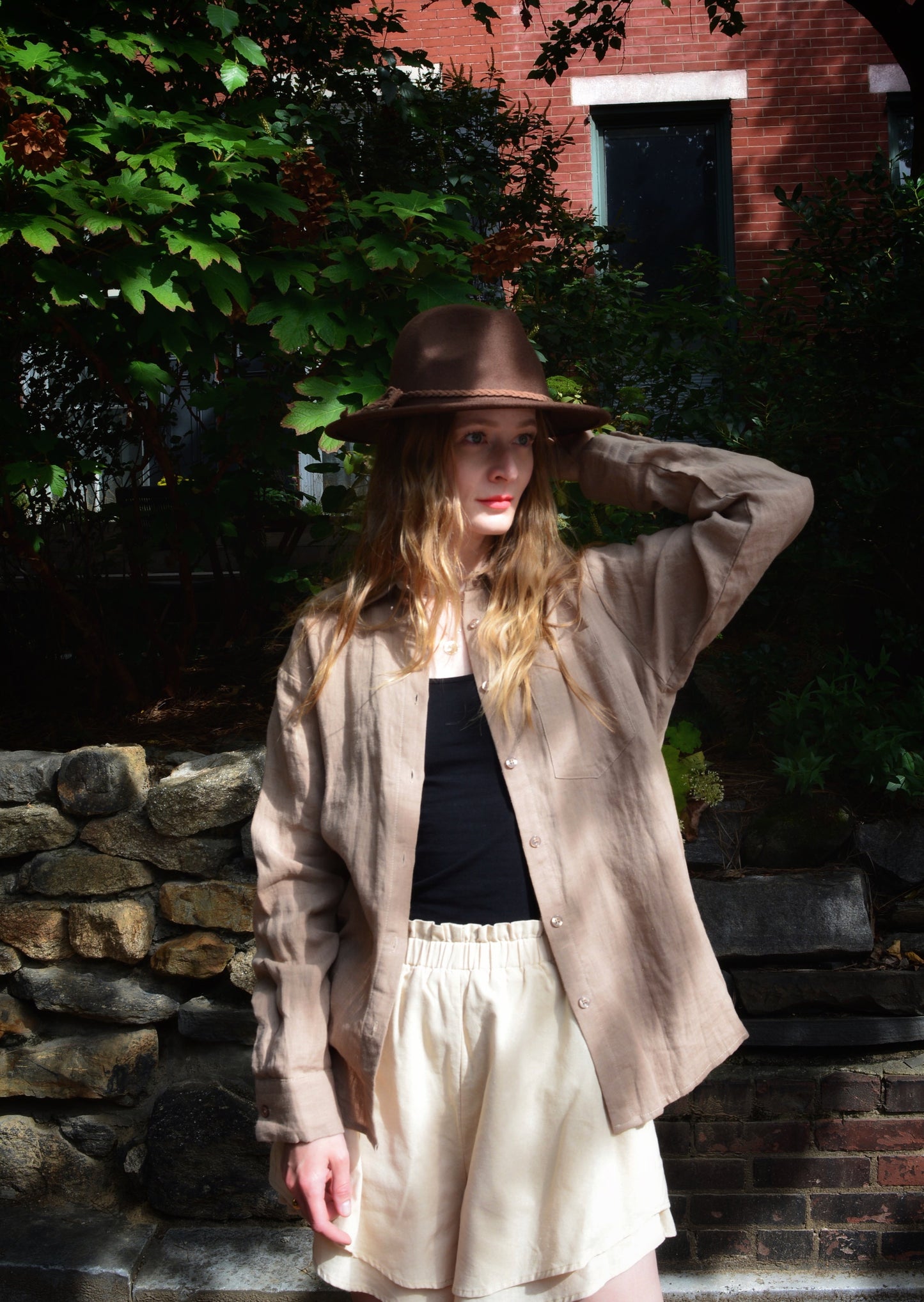 Linen Long Sleeve Shirt in Bronzed Brown color