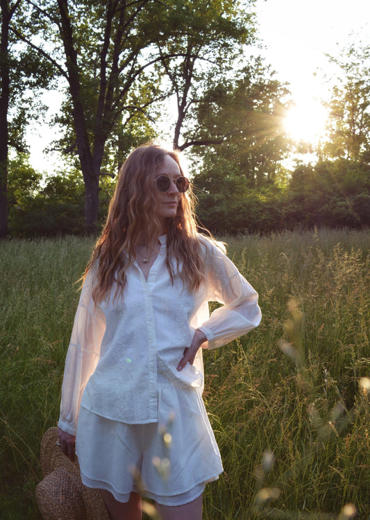Embroidered Cotton Blouse in Pearl (White) color