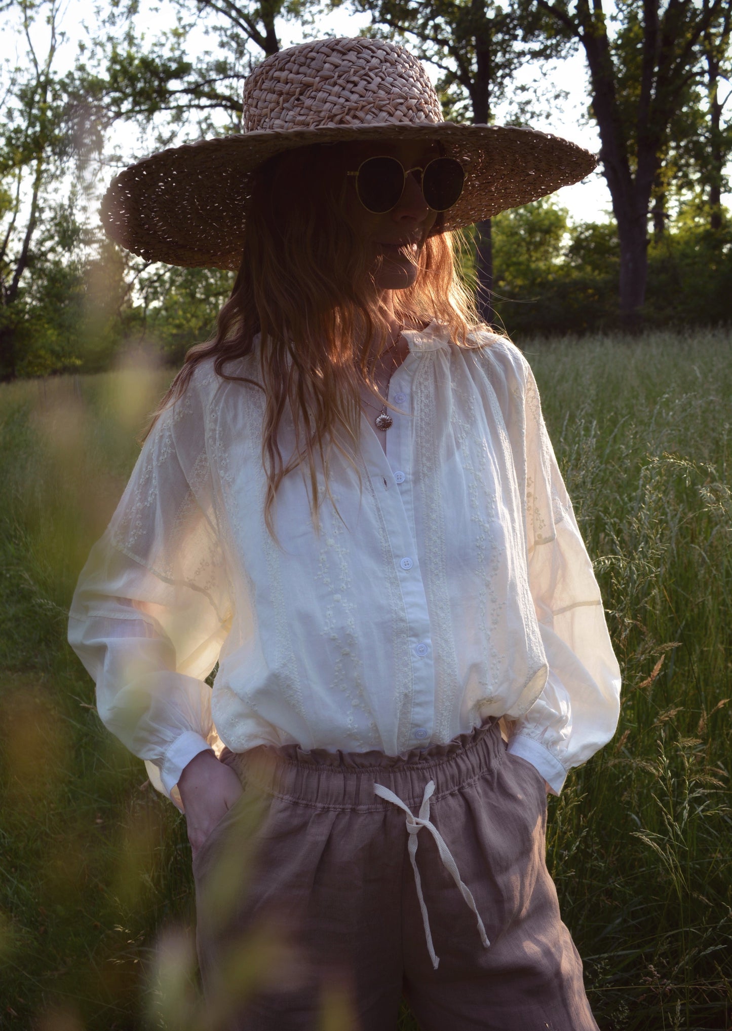 Embroidered Cotton Oversize Blouse in Ivory color