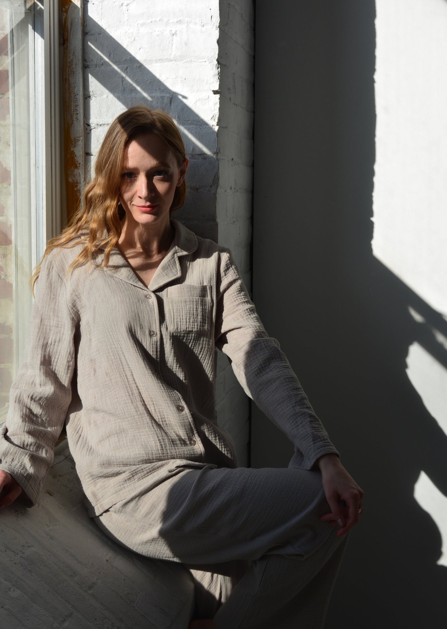 Cotton Muslin double gauze Sleepwear Set pajama set in beige color