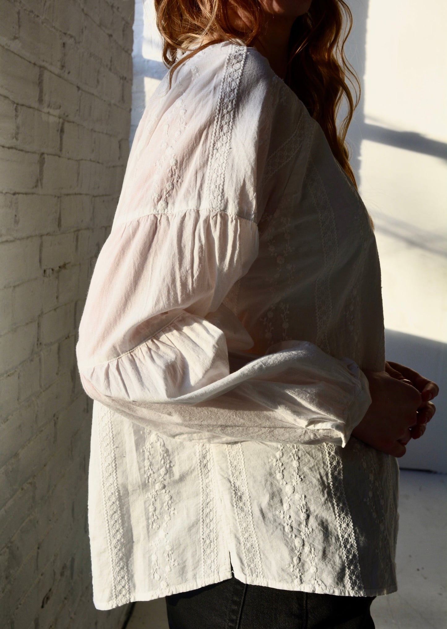 Embroidered Cotton Oversize Blouse in Pearl (White) color