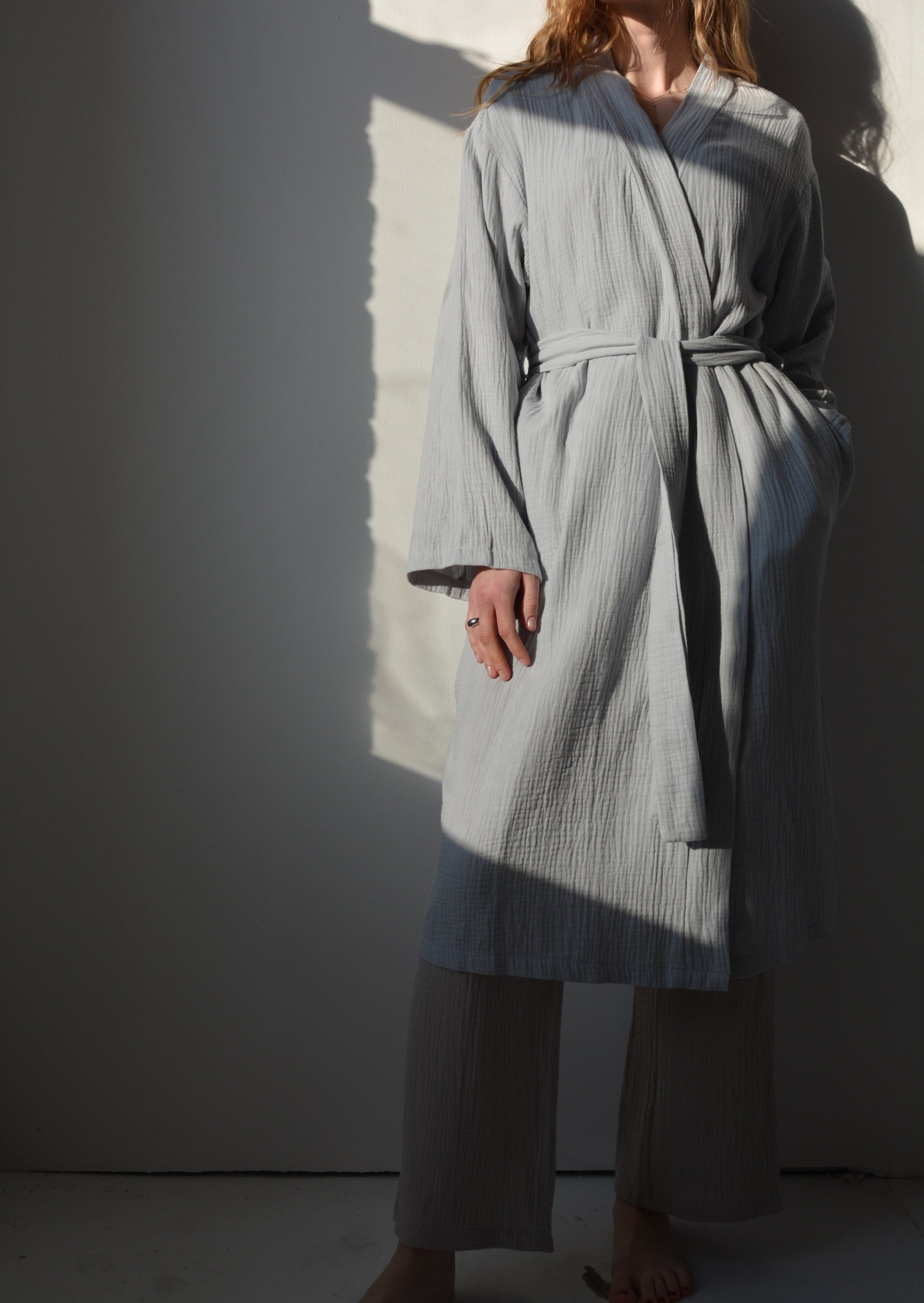 Cotton Muslin Double gauze Robe in Grey color