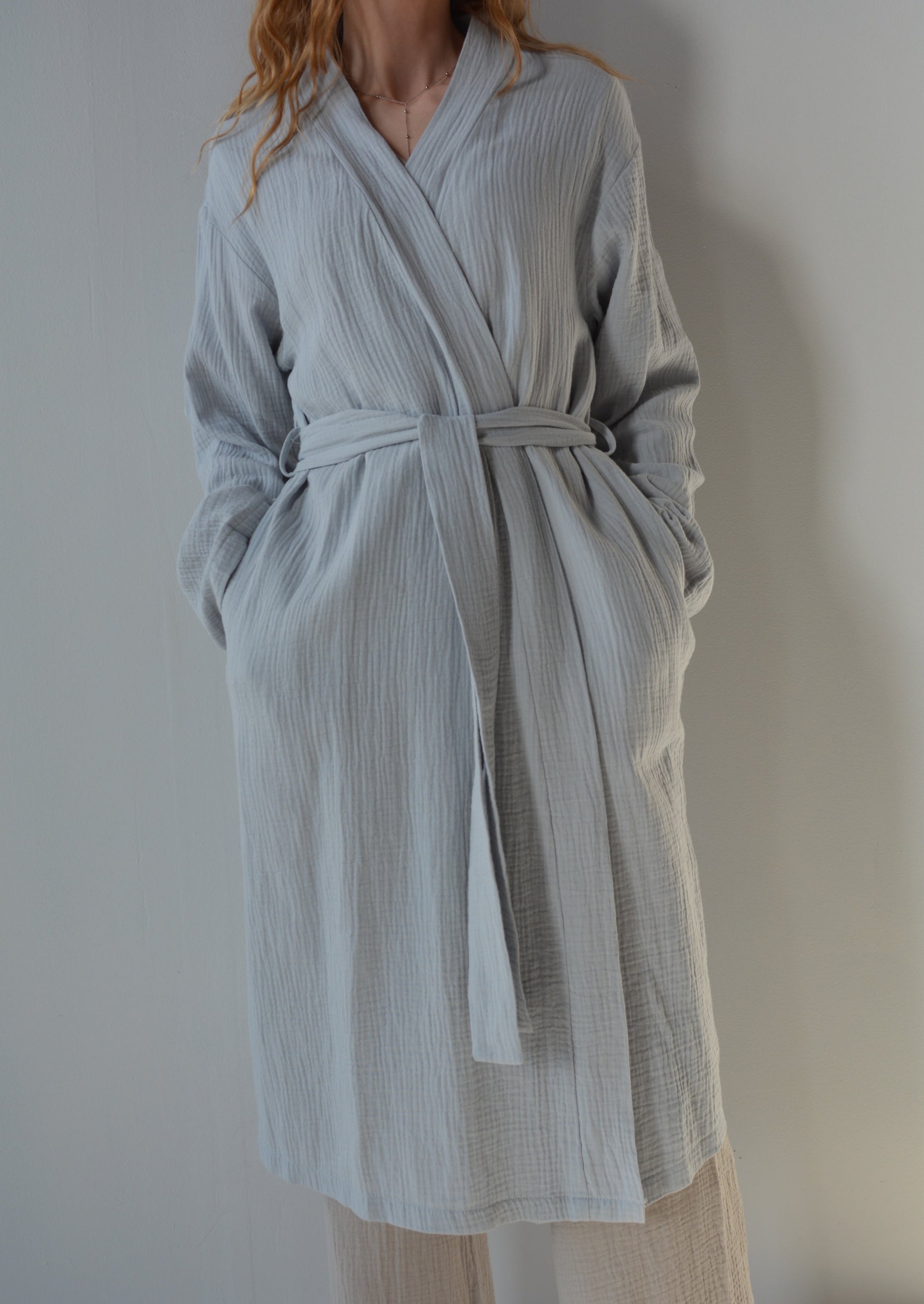 Cotton Muslin Double gauze Robe in Grey color