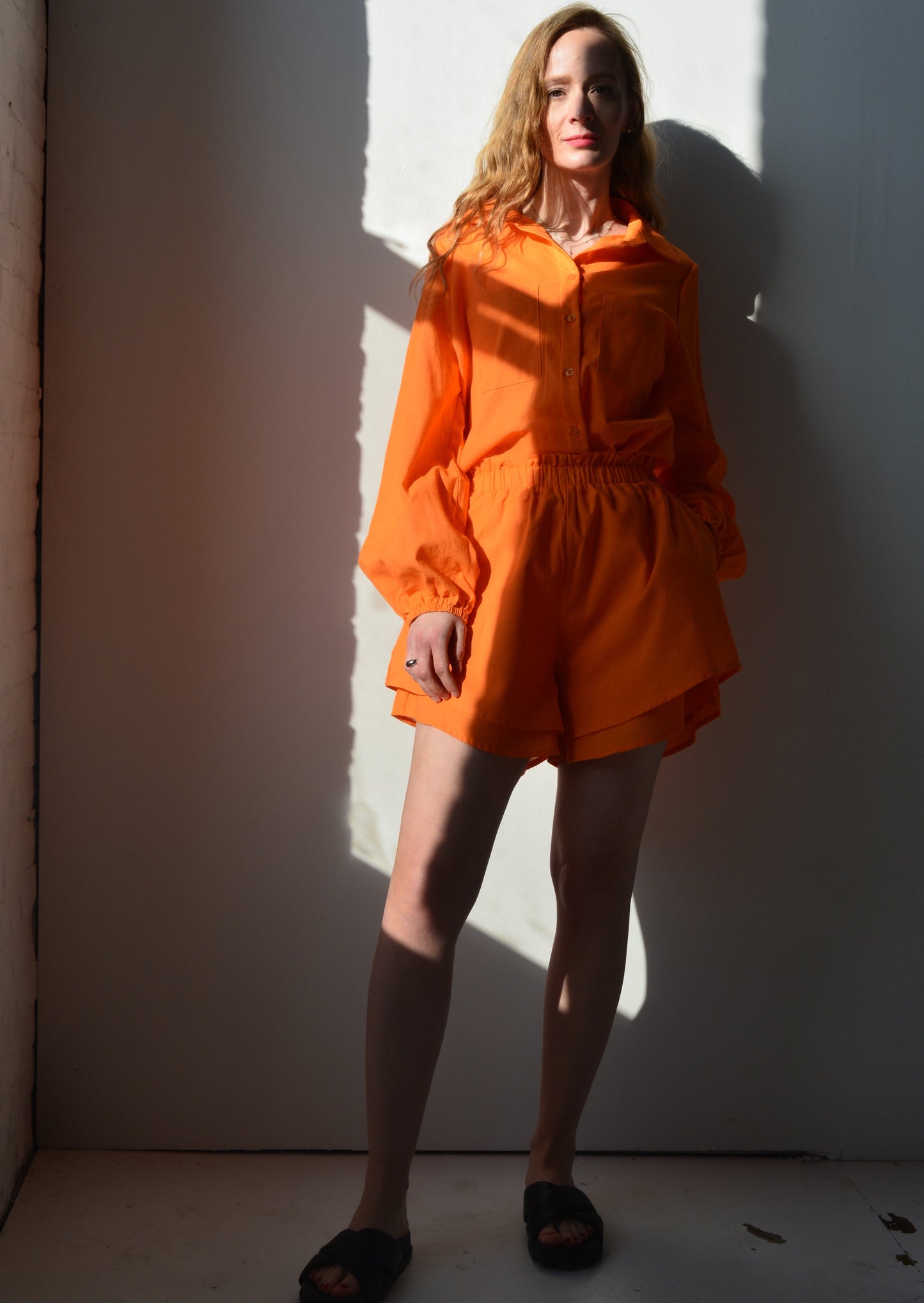 Two Piece Set - Cotton Blouse and Shorts in Tangerine color
