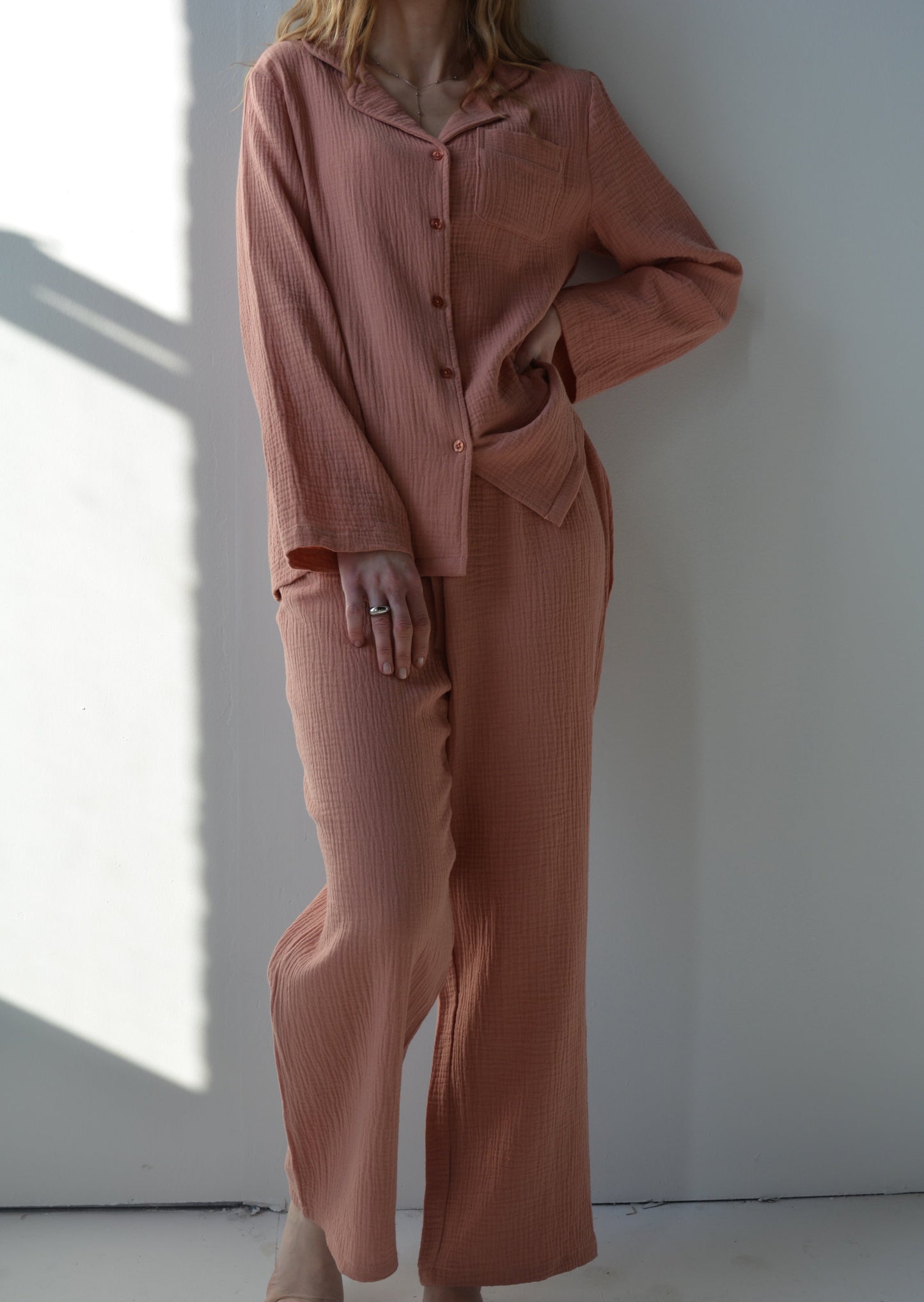 Cotton Muslin double gauze Sleepwear Set pajama set in pink color