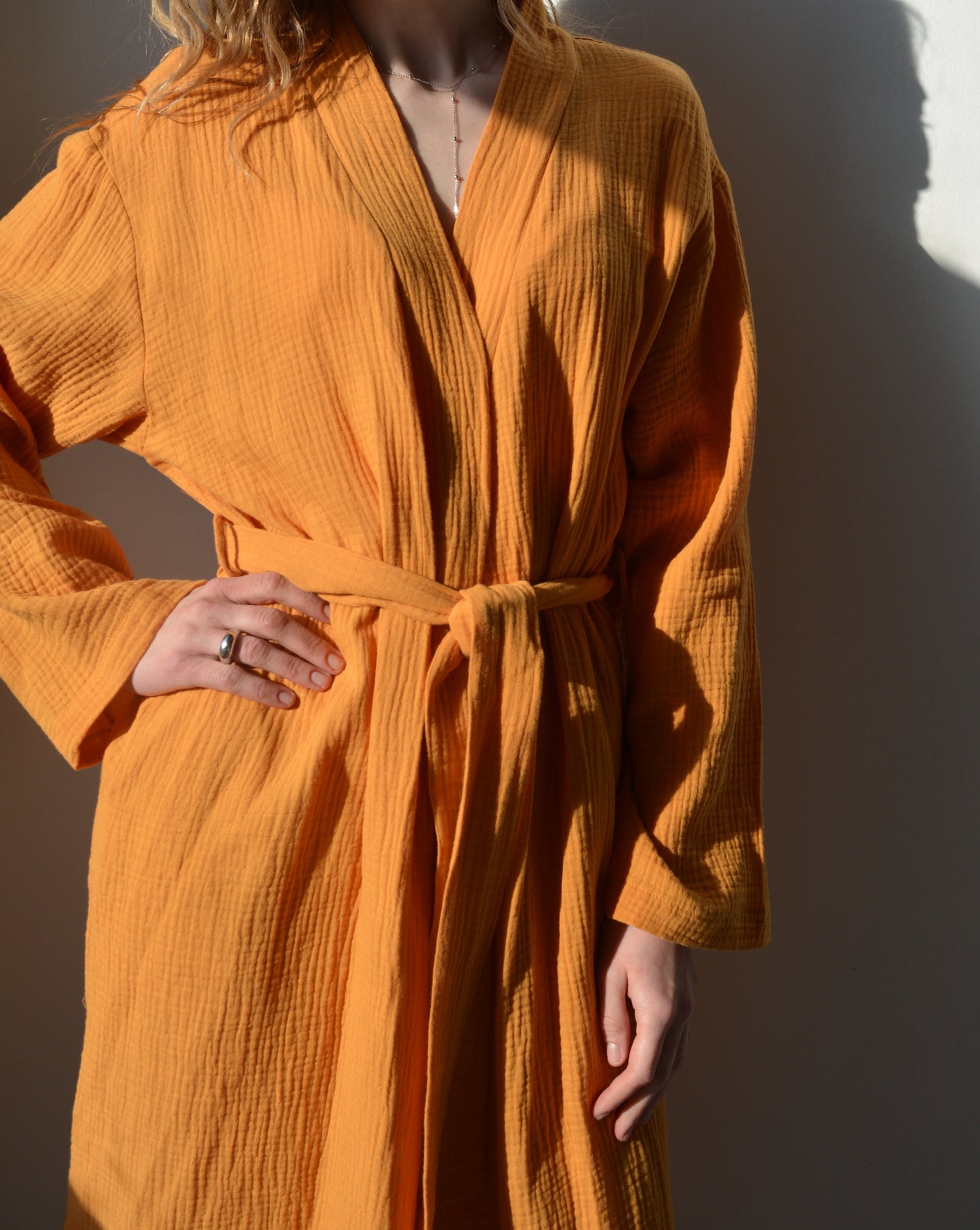 Cotton Muslin Double gauze Robe in Sunrise Glow (orange) color"