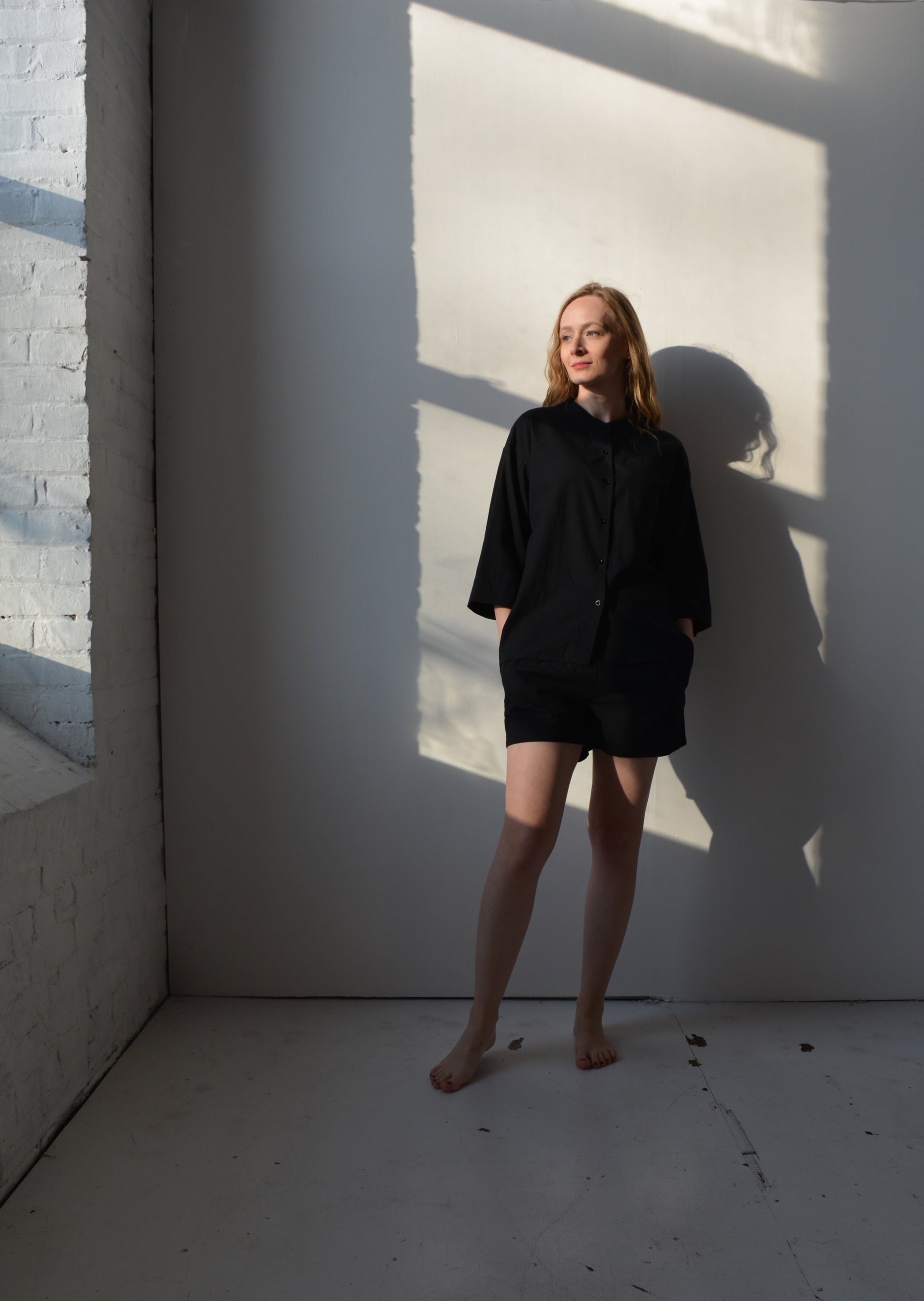 Two Piece Set - Cotton Shirt and Shorts in black color