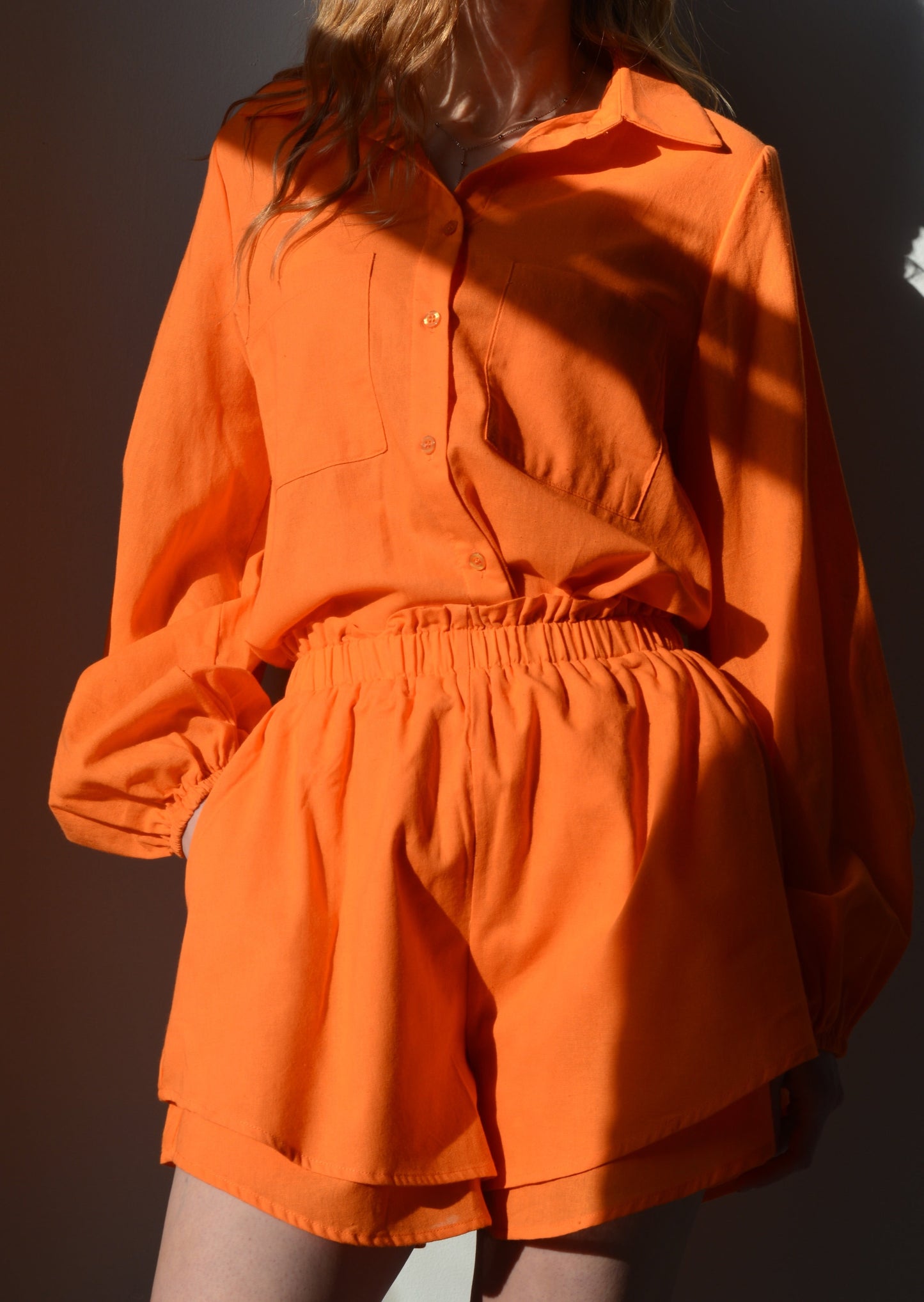 Two Piece Set - Cotton Blouse and Shorts in Tangerine color