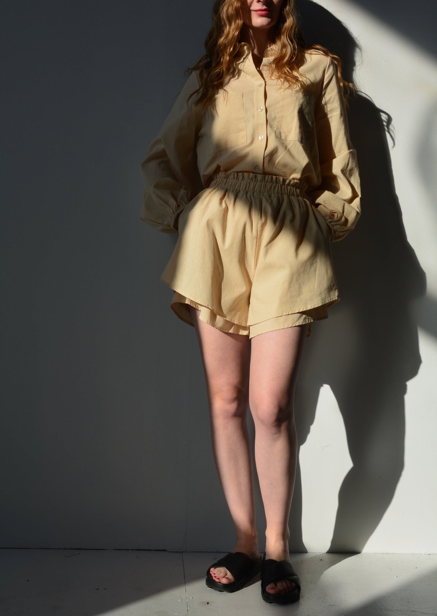 Two Piece Set - Cotton Blouse and Shorts in Beige color