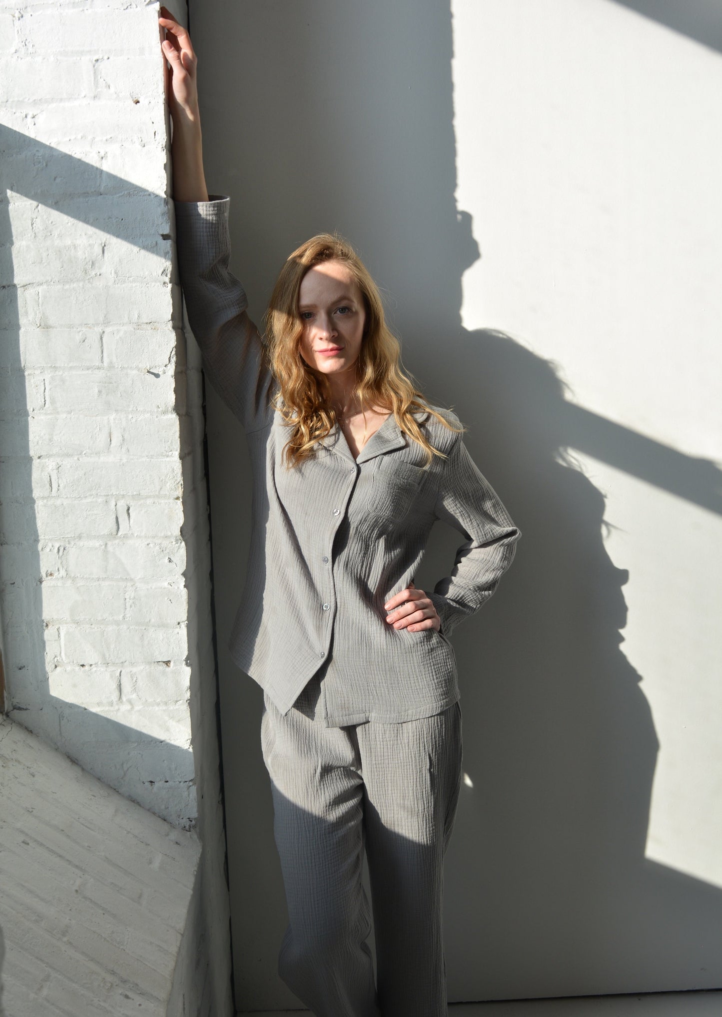 Cotton Muslin double gauze Sleepwear Set pajama set in grey color