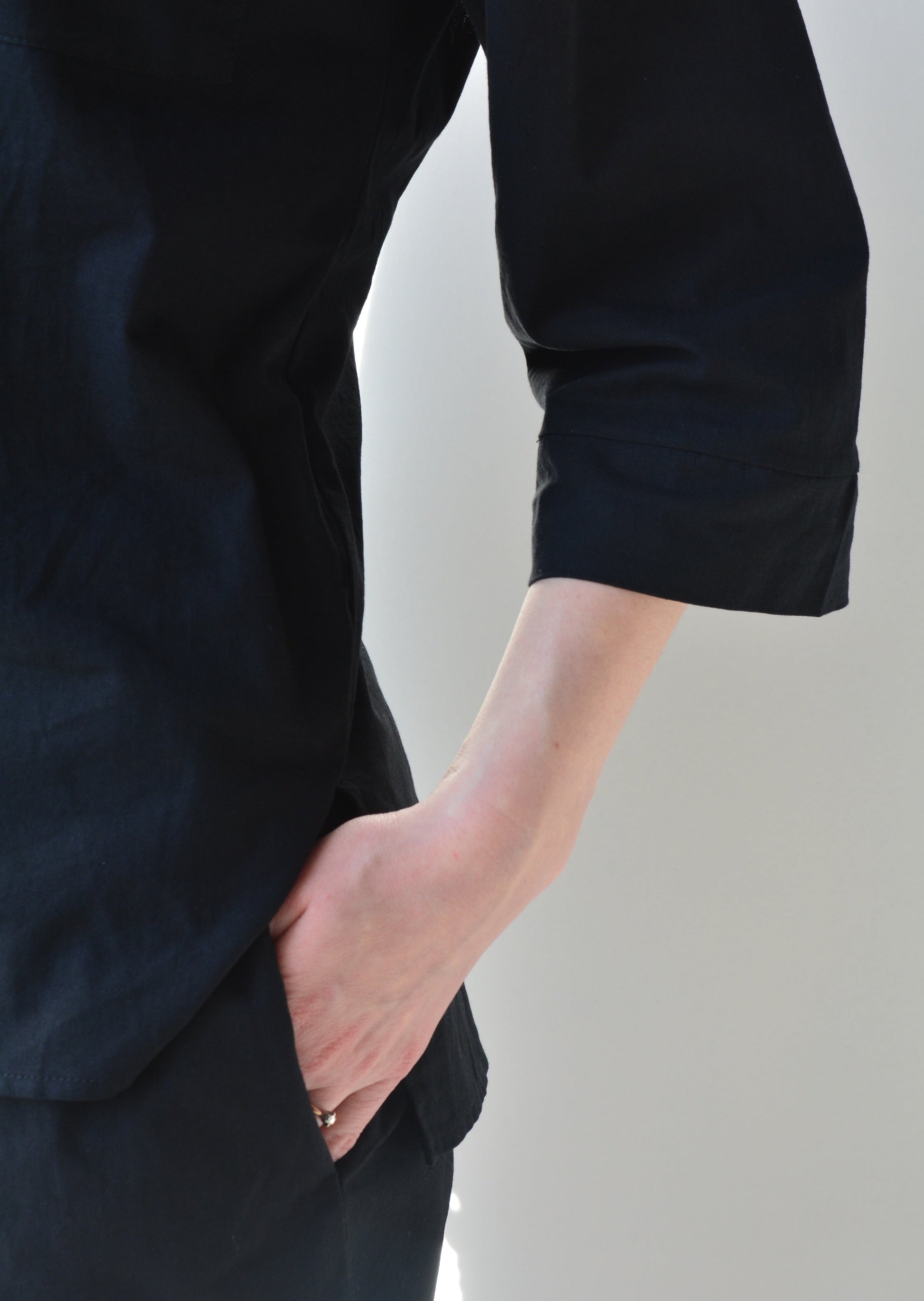 Two Piece Set - Cotton Shirt and Shorts in black color