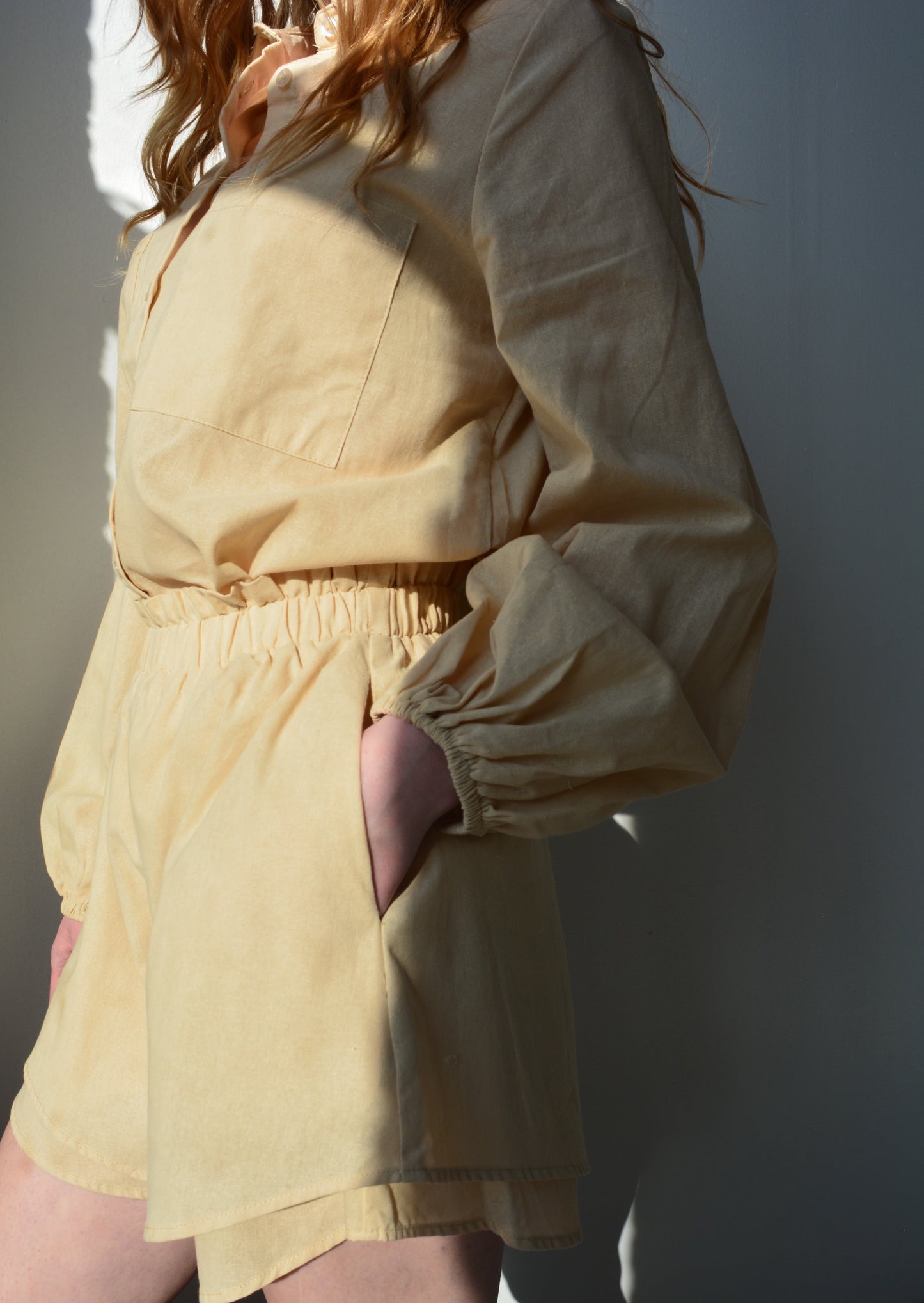 Two Piece Set - Cotton Blouse and Shorts in Beige color