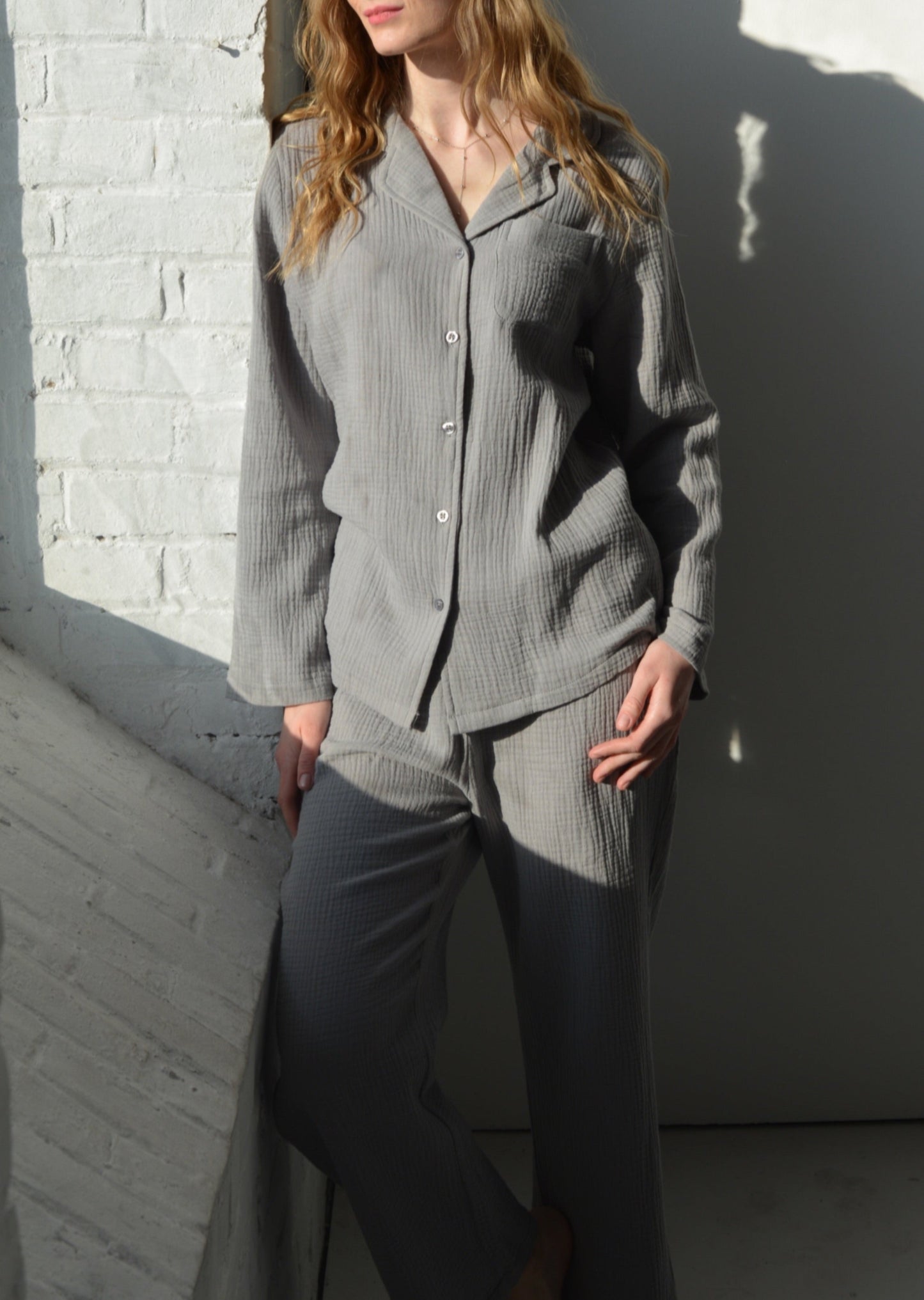 Cotton Muslin double gauze Sleepwear Set pajama set in grey color