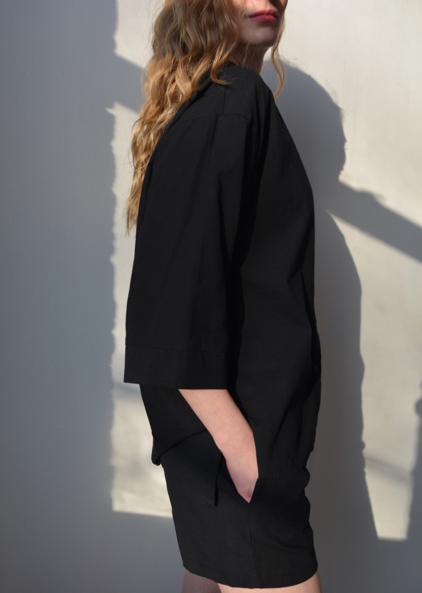Two Piece Set - Cotton Shirt and Shorts in black color