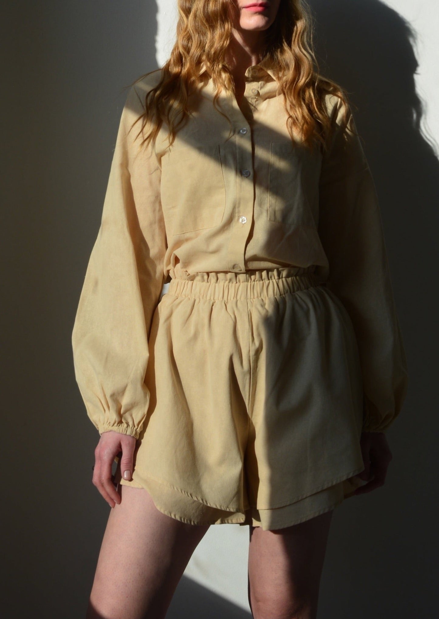 Two Piece Set - Cotton Blouse and Shorts in Beige color