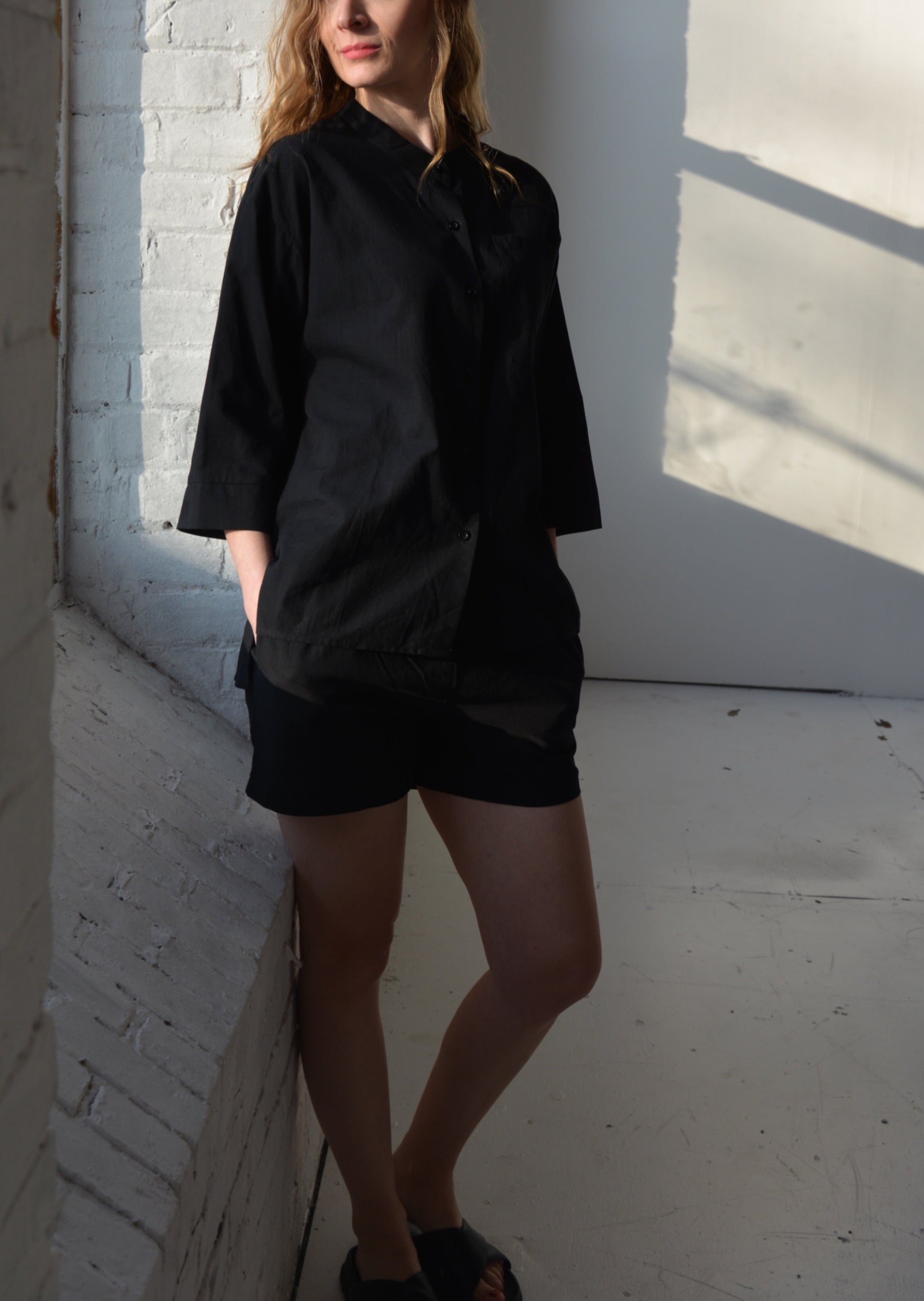 Two Piece Set - Cotton Shirt and Shorts in black color