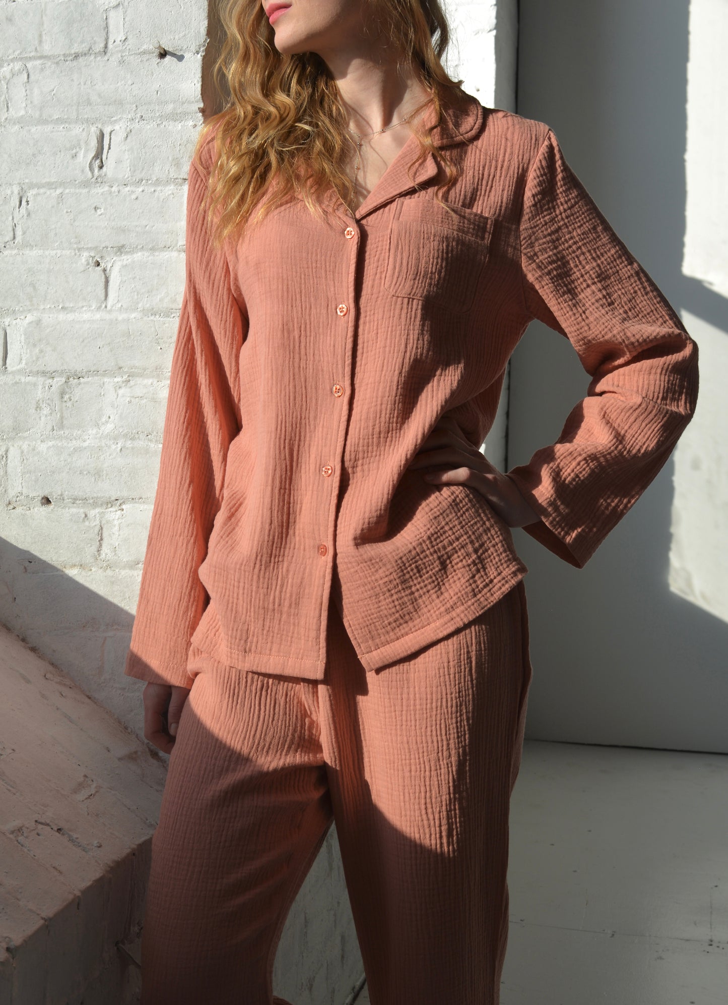 Cotton Muslin double gauze Sleepwear Set pajama set in pink color