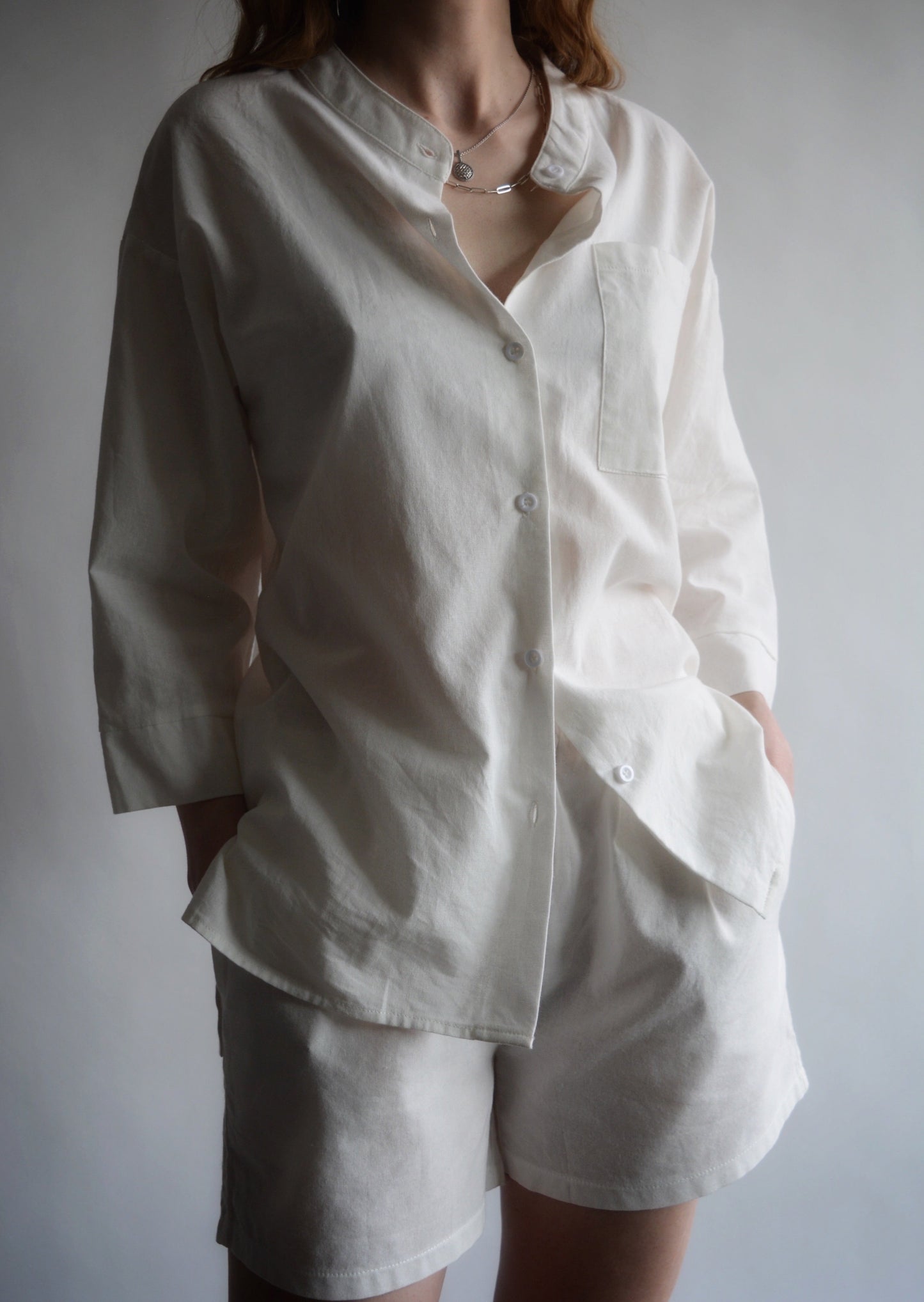 Two Piece Set - Cotton Shirt and Shorts in Porcelain (white) color