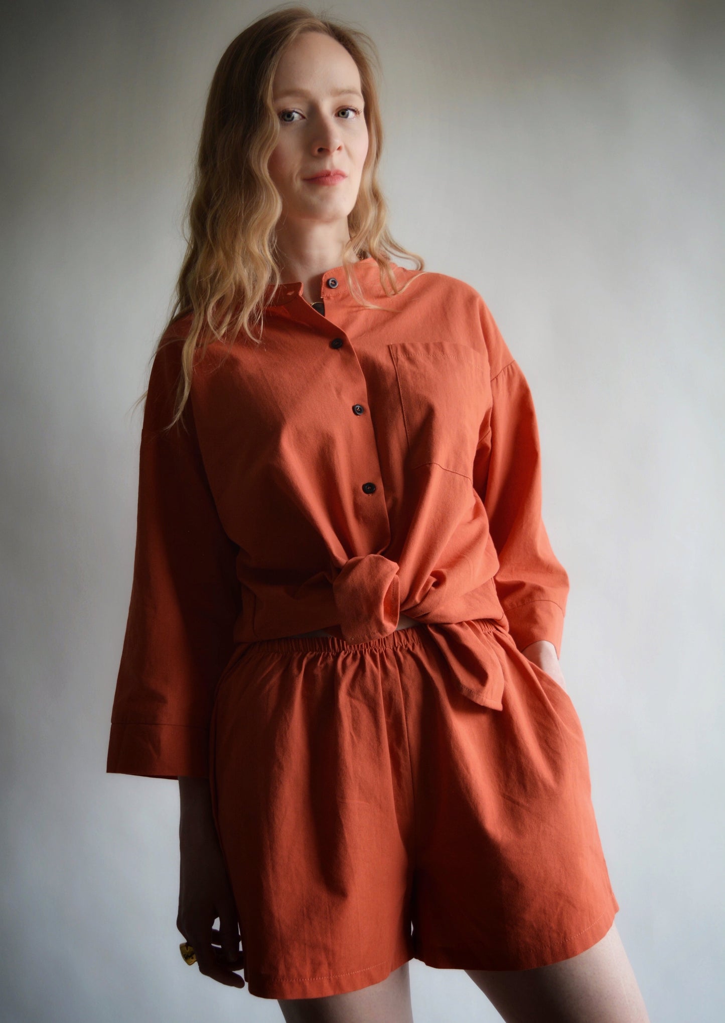 Two Piece Set - Cotton Shirt and Shorts in Cali Sunset color