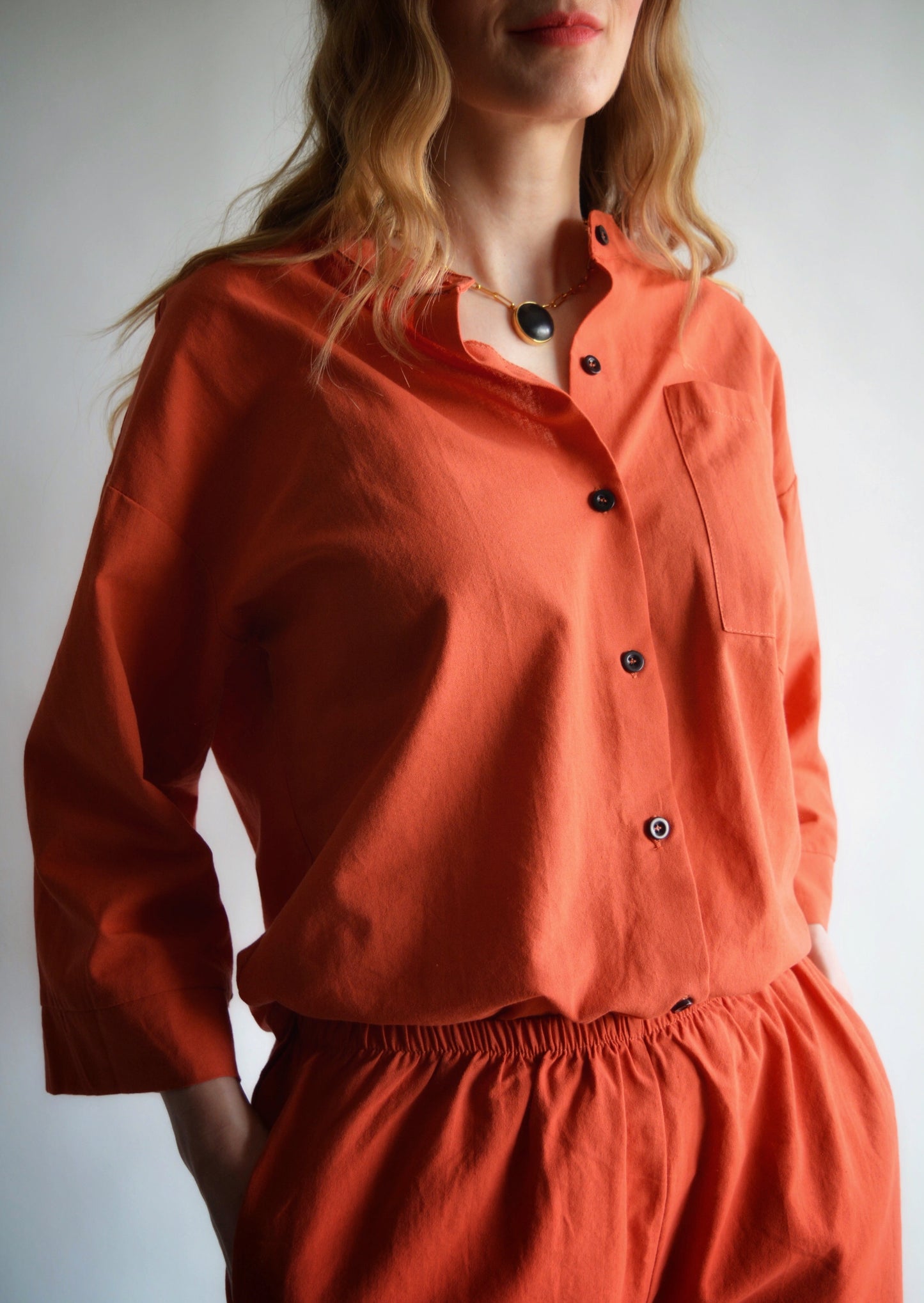 Two Piece Set - Cotton Shirt and Shorts in Cali Sunset color