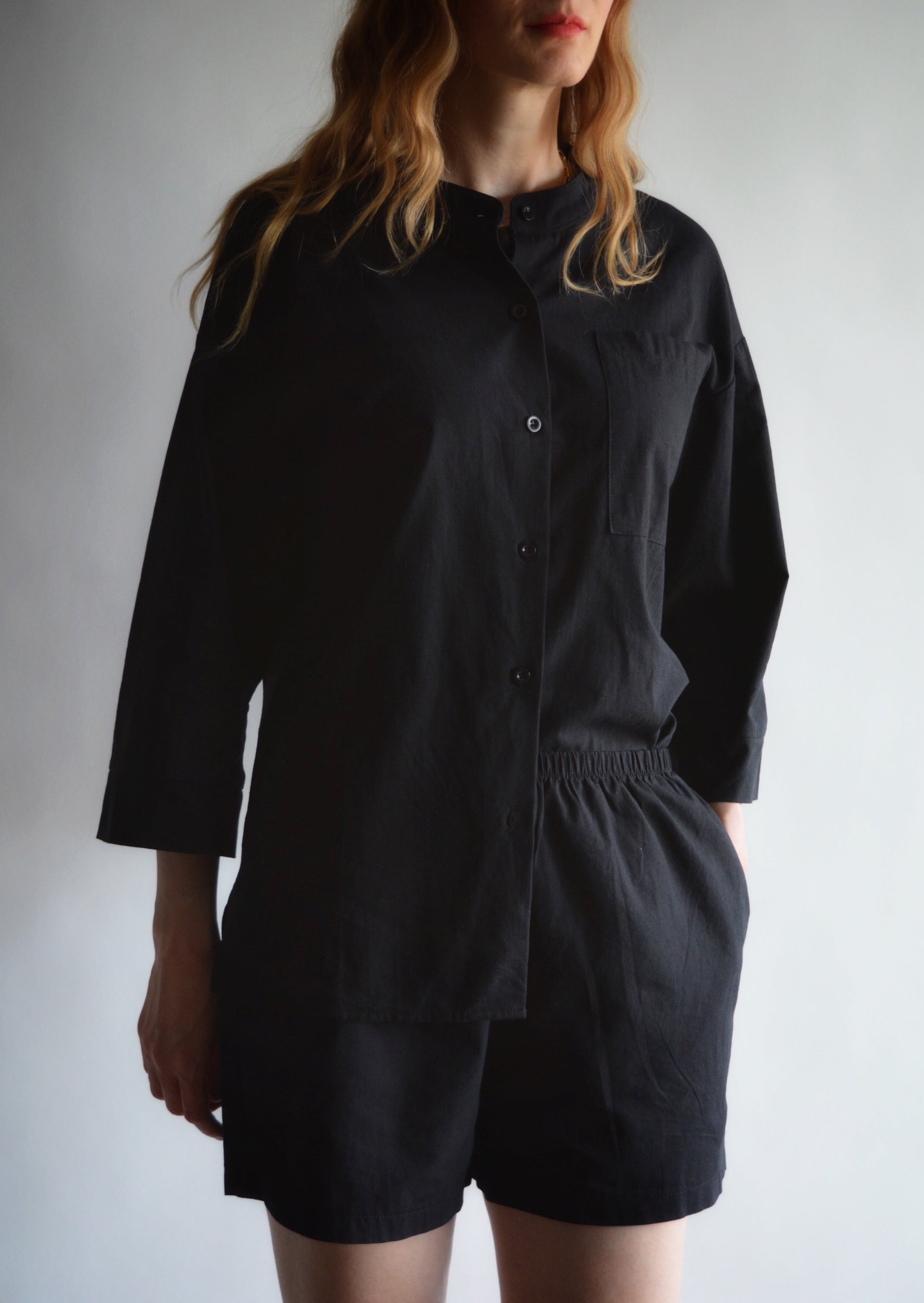 Two Piece Set - Cotton Shirt and Shorts in black color
