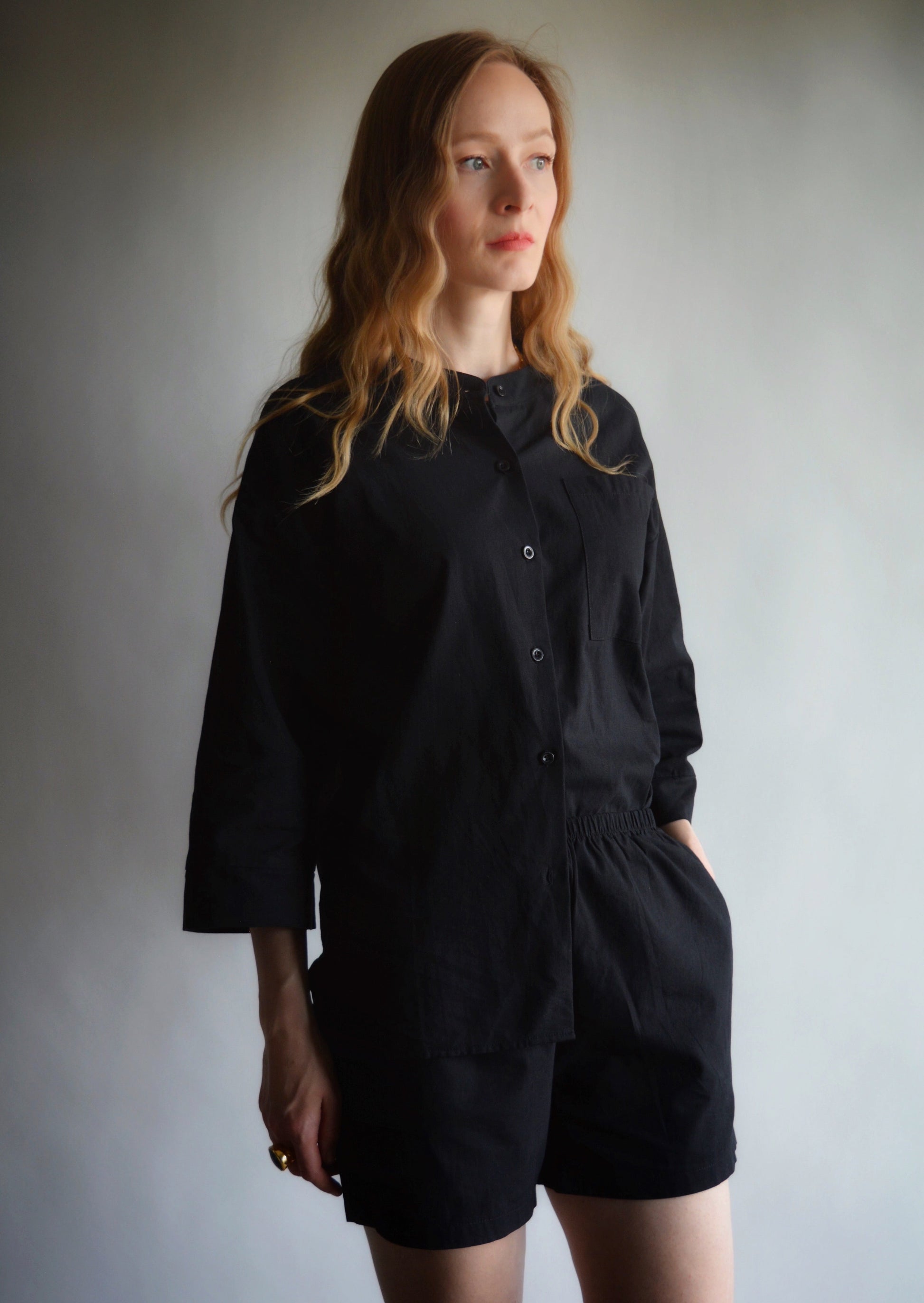 Two Piece Set - Cotton Shirt and Shorts in black color