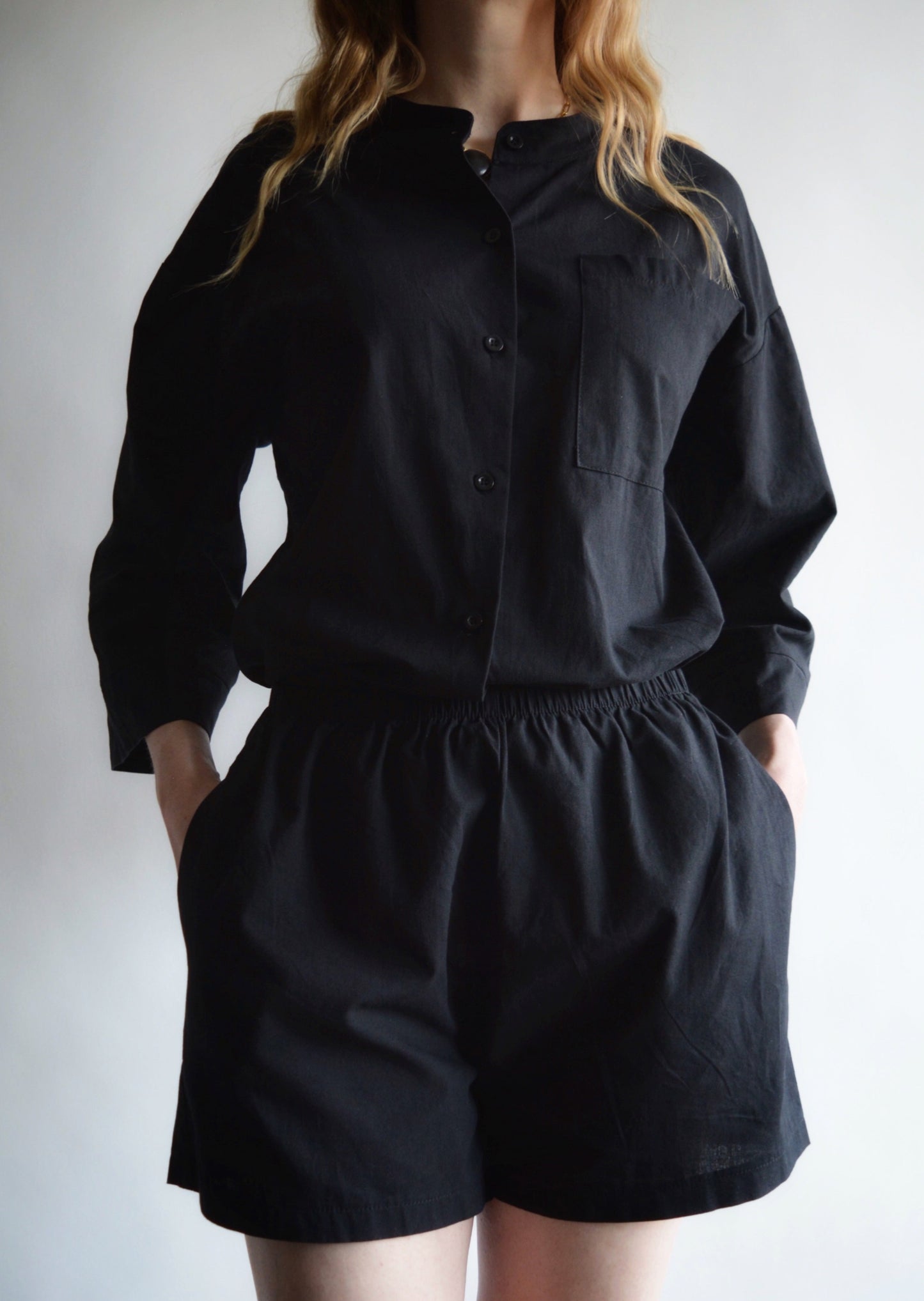 Two Piece Set - Cotton Shirt and Shorts in black color