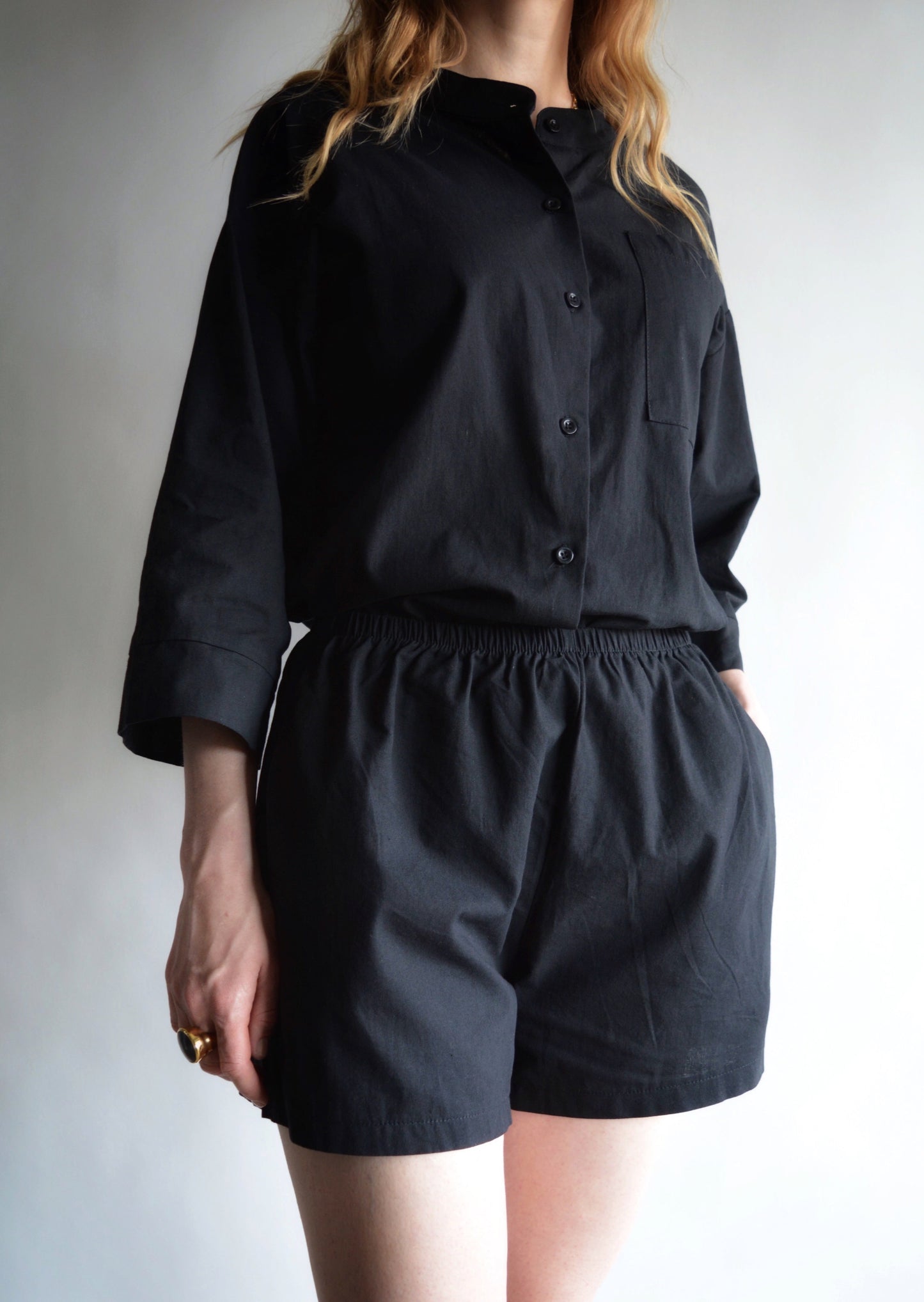 Two Piece Set - Cotton Shirt and Shorts in black color