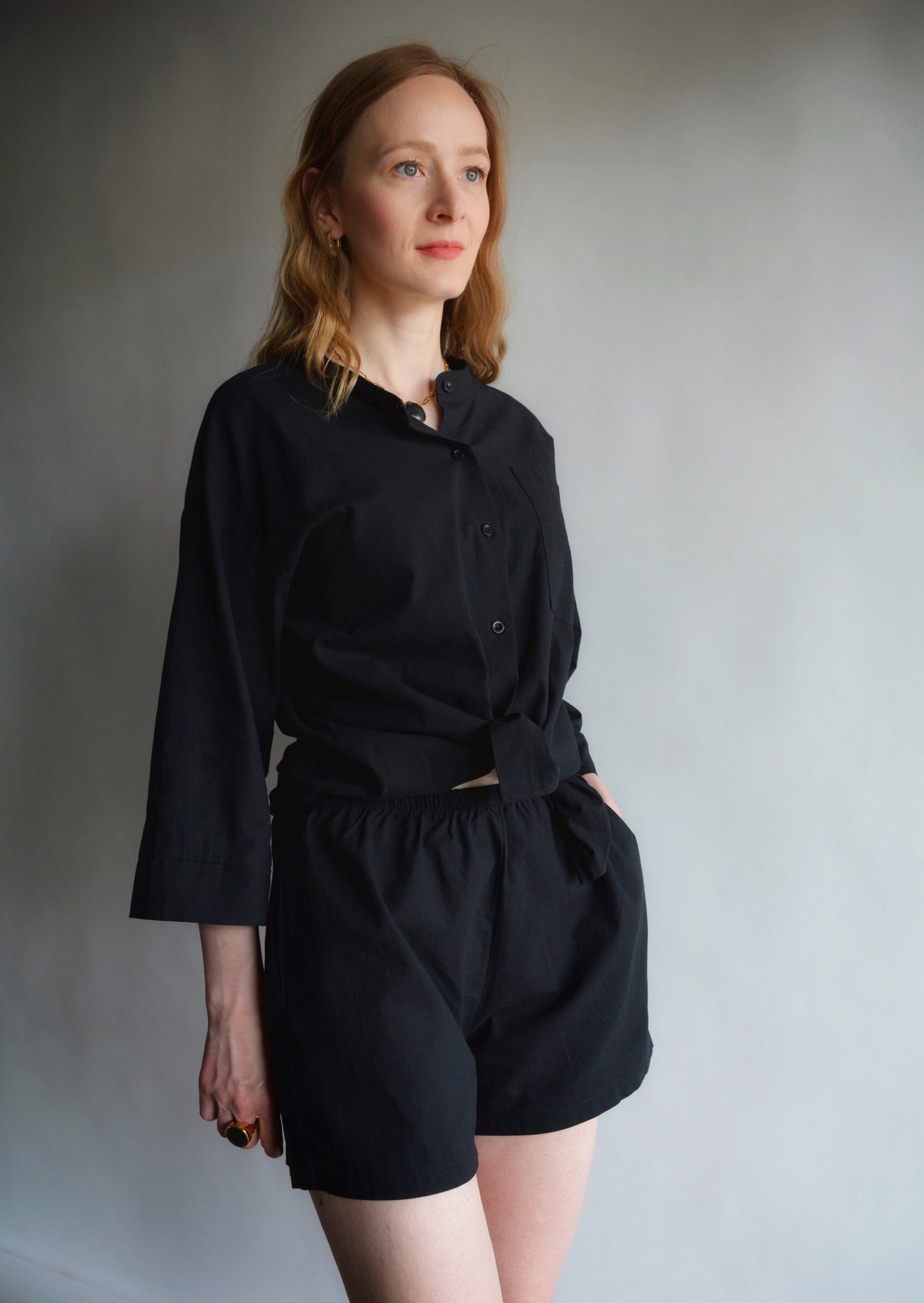 Two Piece Set - Cotton Shirt and Shorts in black color
