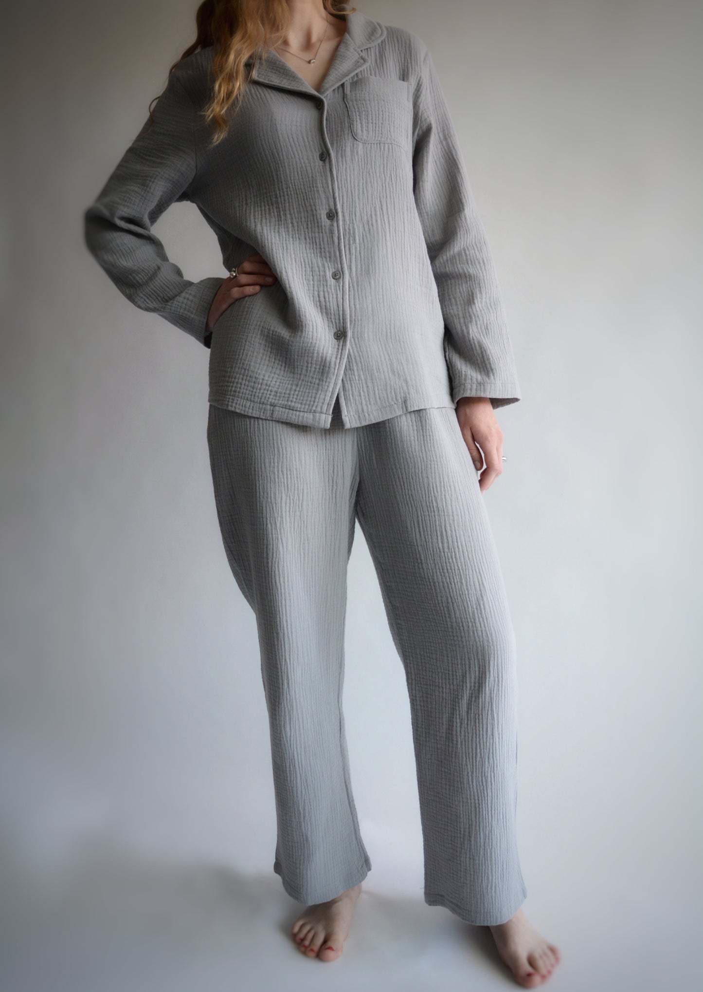 Cotton Muslin double gauze Sleepwear Set pajama set in grey color