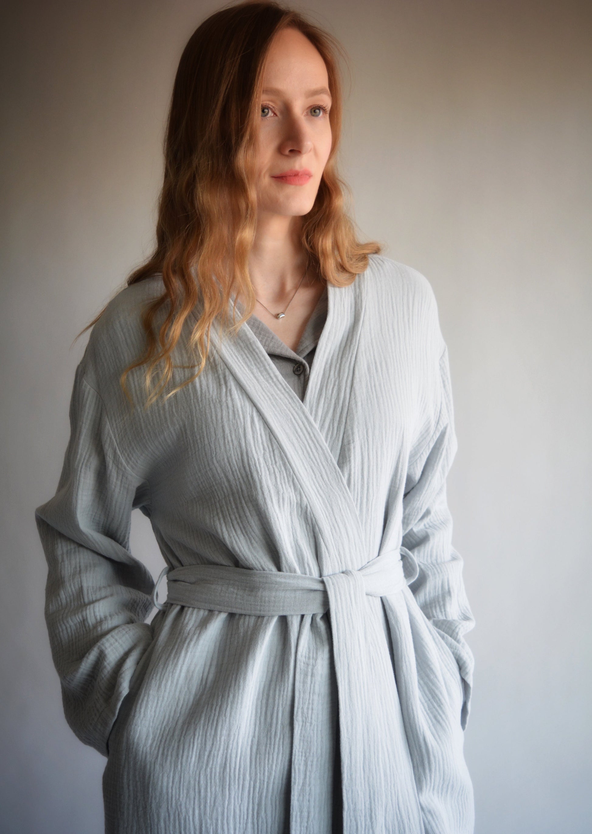 Cotton Muslin Double gauze Robe in Grey color