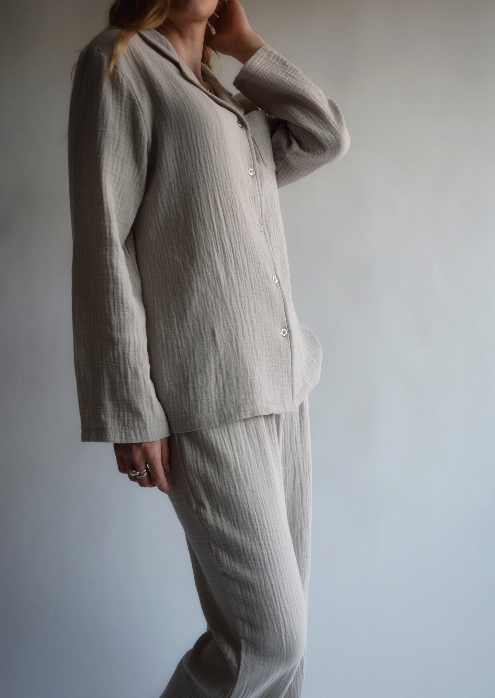 Cotton Muslin double gauze Sleepwear Set pajama set in beige color